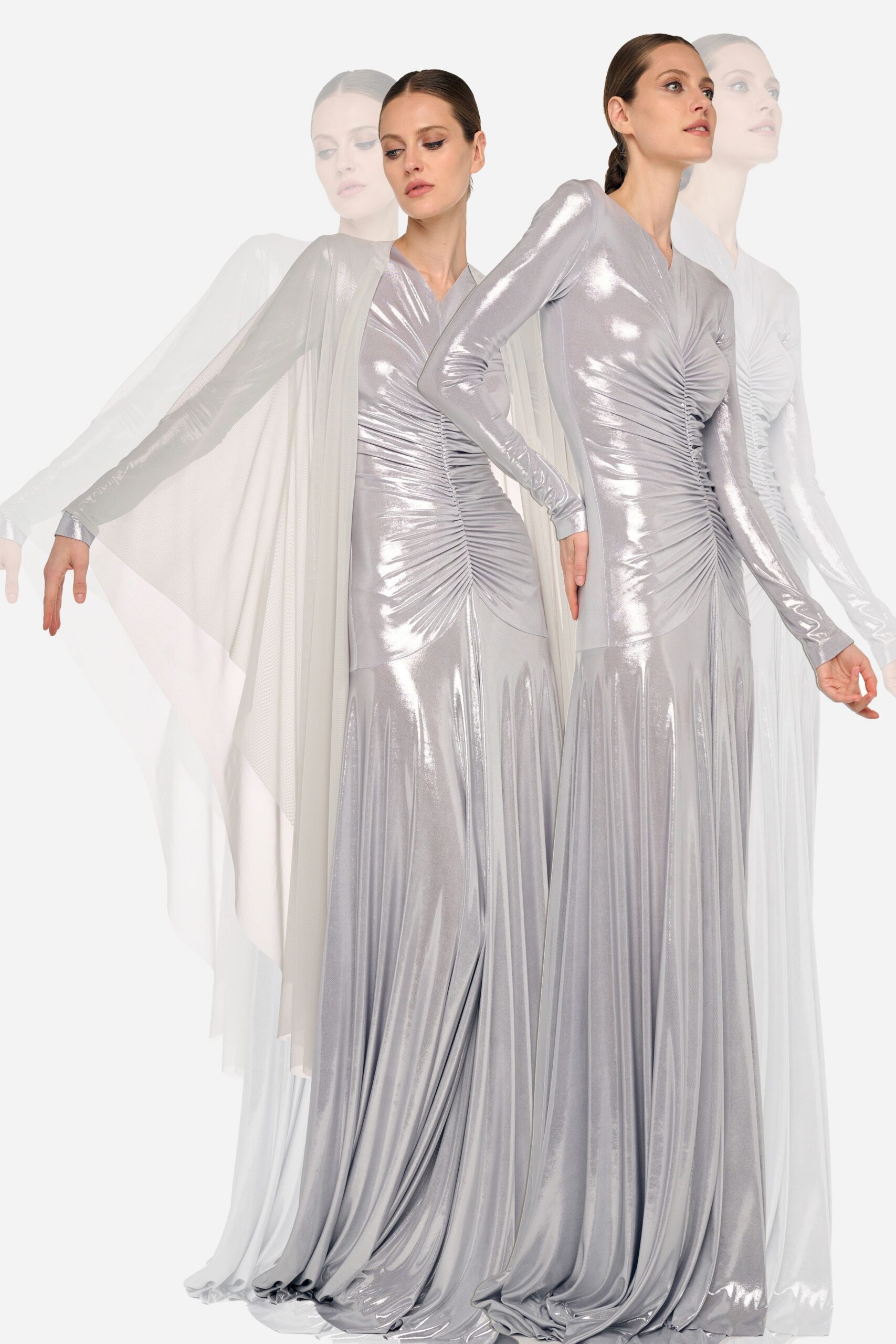silver satin fitted gown with cape