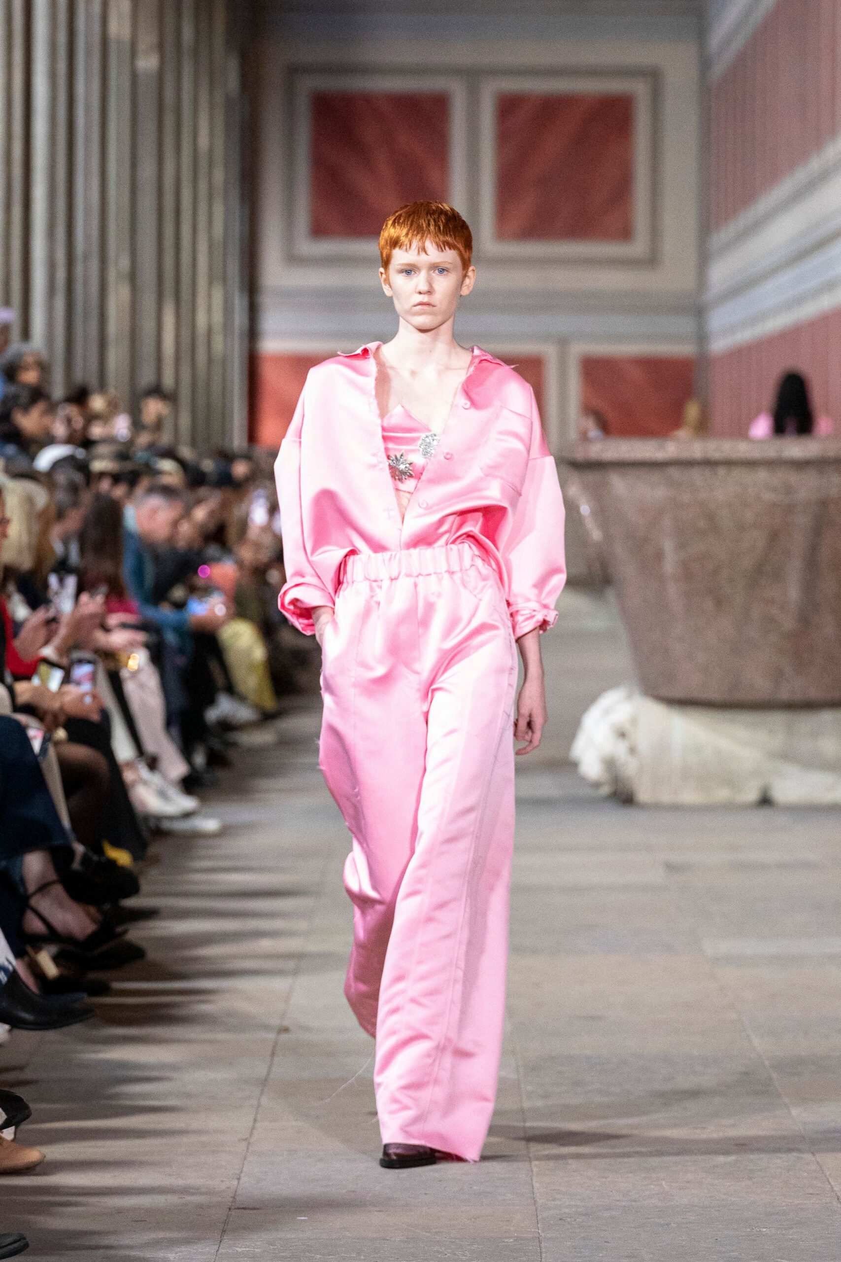 pink silk long-sleeve collared relaxed zippered jumpsuit