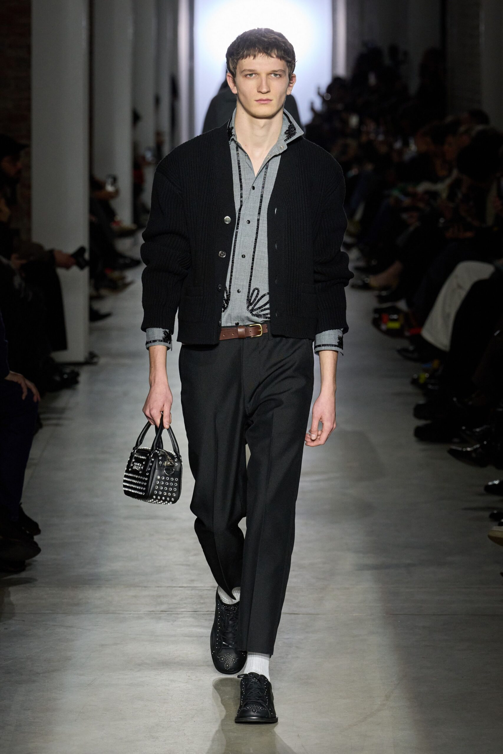 black wool jacket gray shirt tailored pants
