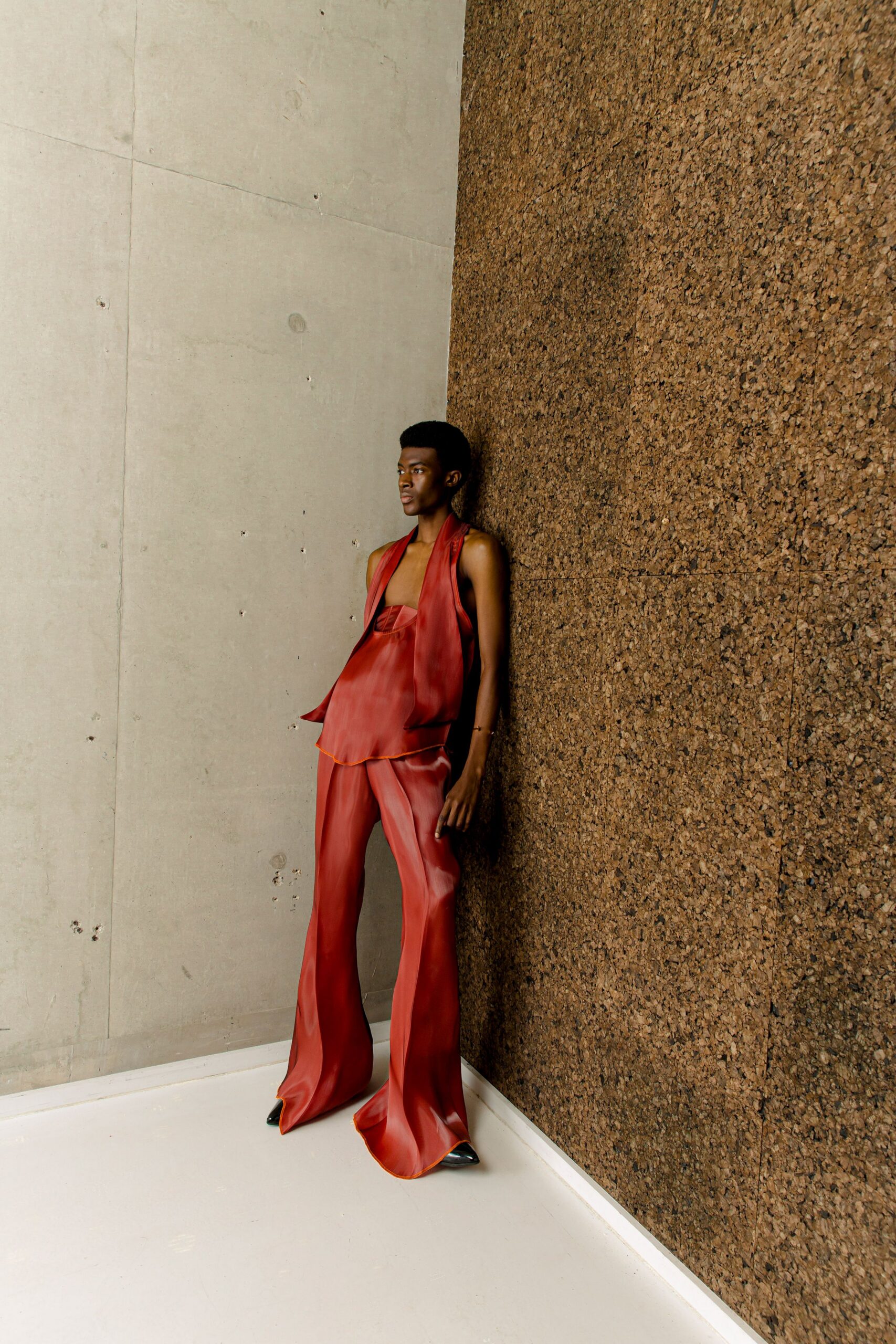 red silk fitted flared flowing pants
