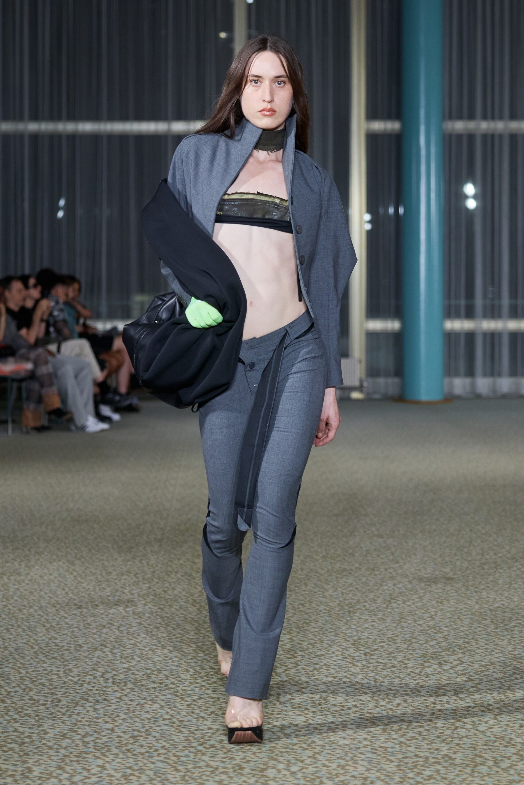 gray blazer black top tailored pants