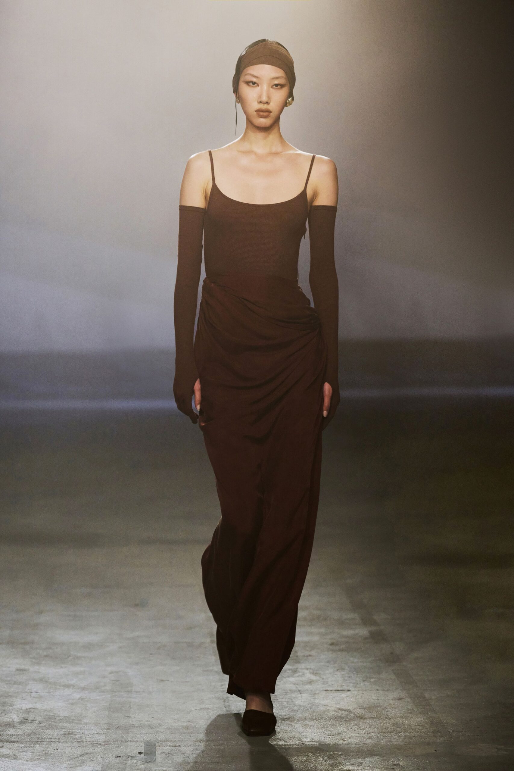 brown silk fitted maxi dress