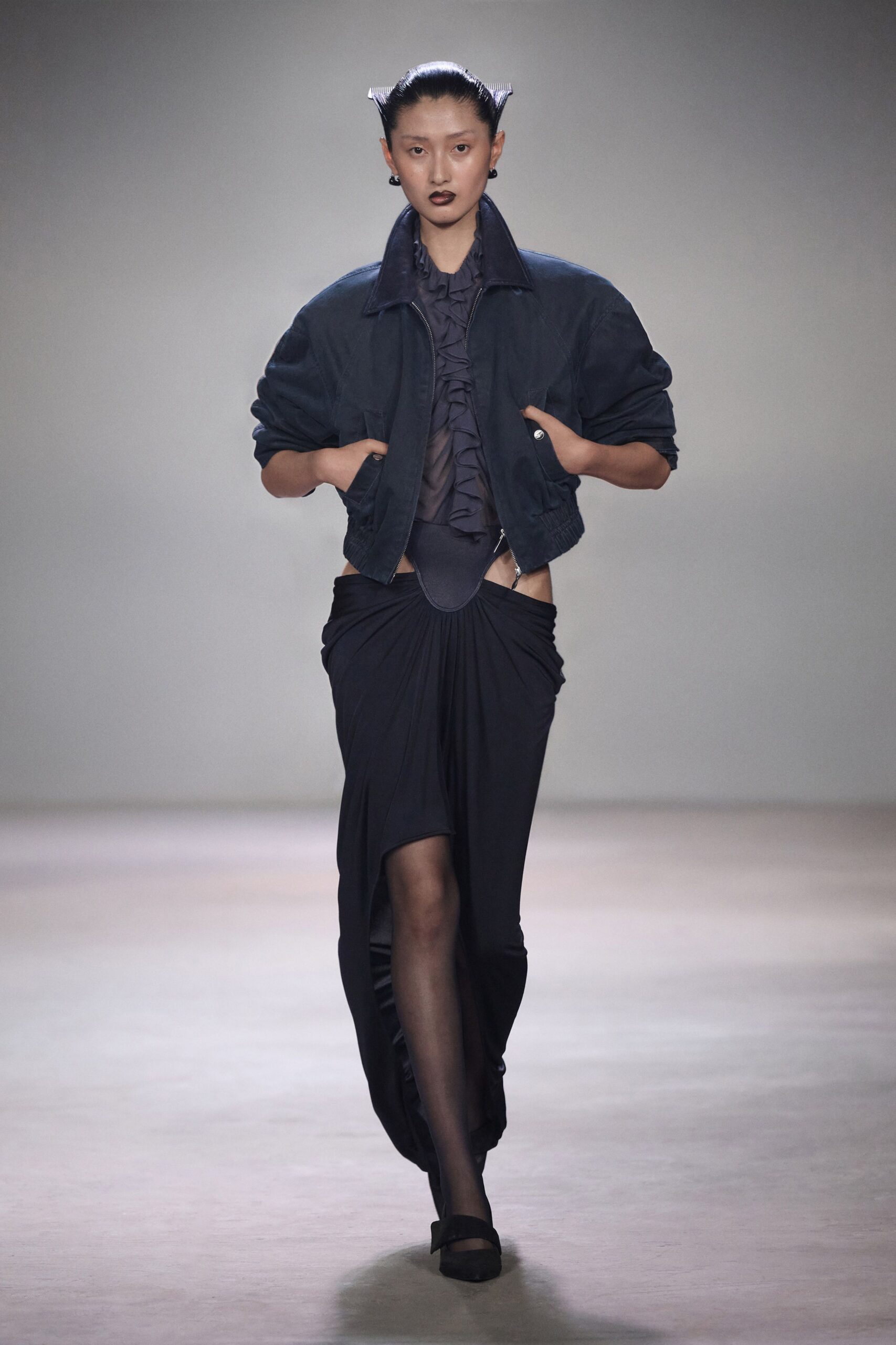 black silk fitted high-waisted draped midi skirt