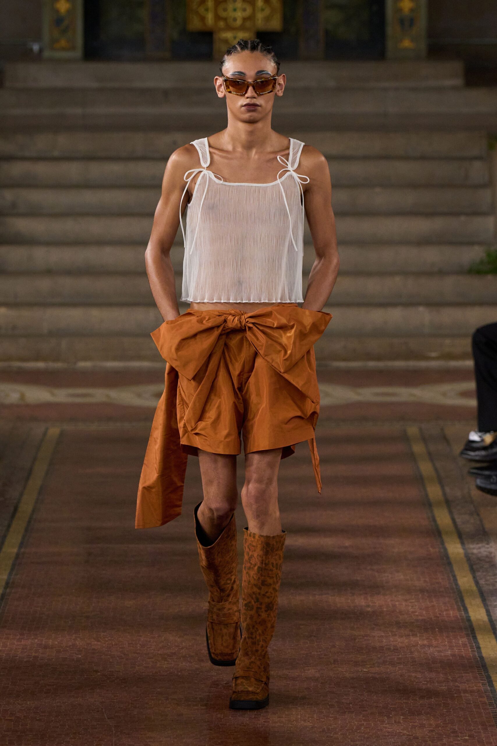 orange cotton relaxed belted short shorts