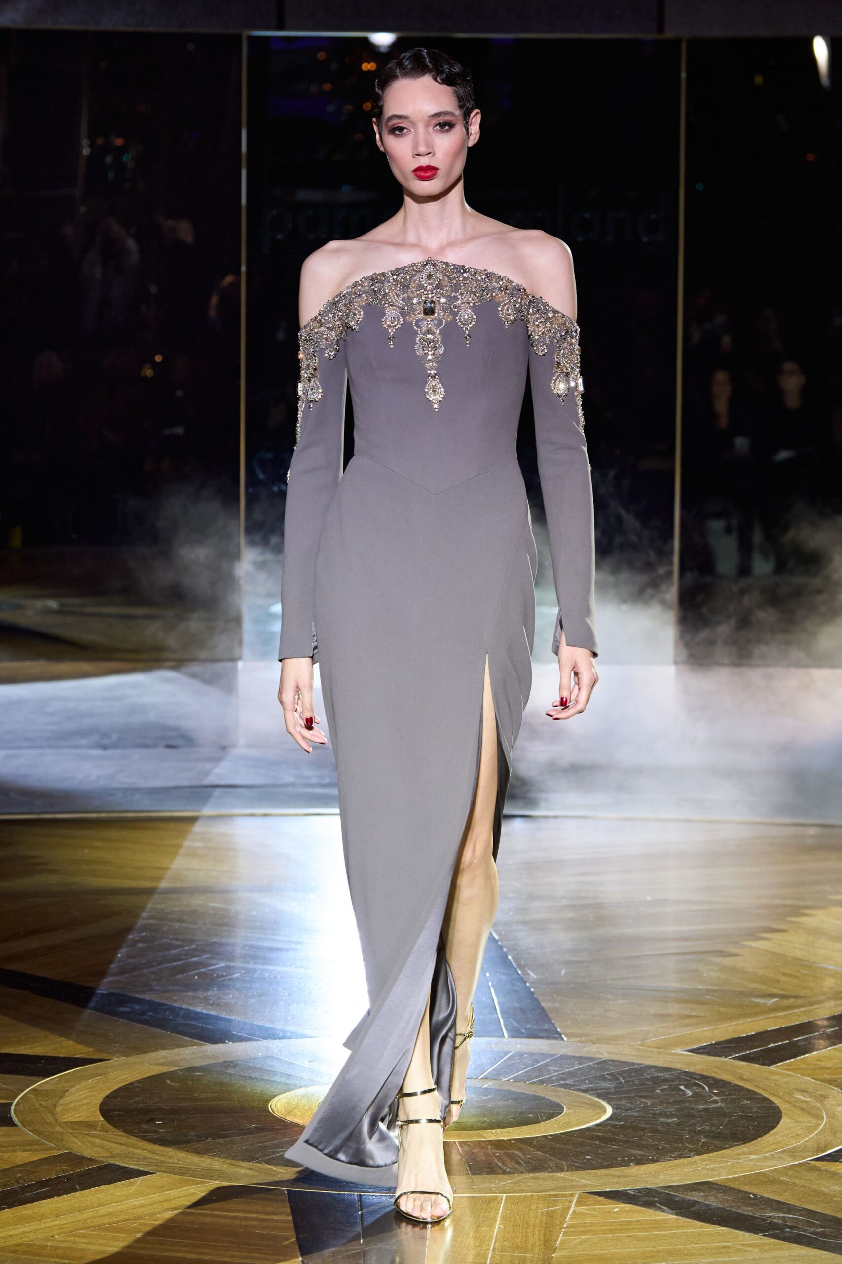gray silk long-sleeve off-shoulder fitted embellished maxi gown