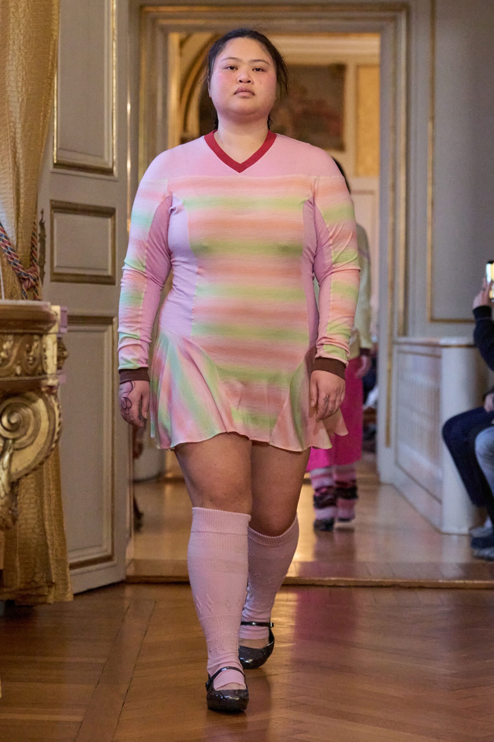 pink cotton long-sleeve v-neck fitted striped mini dress