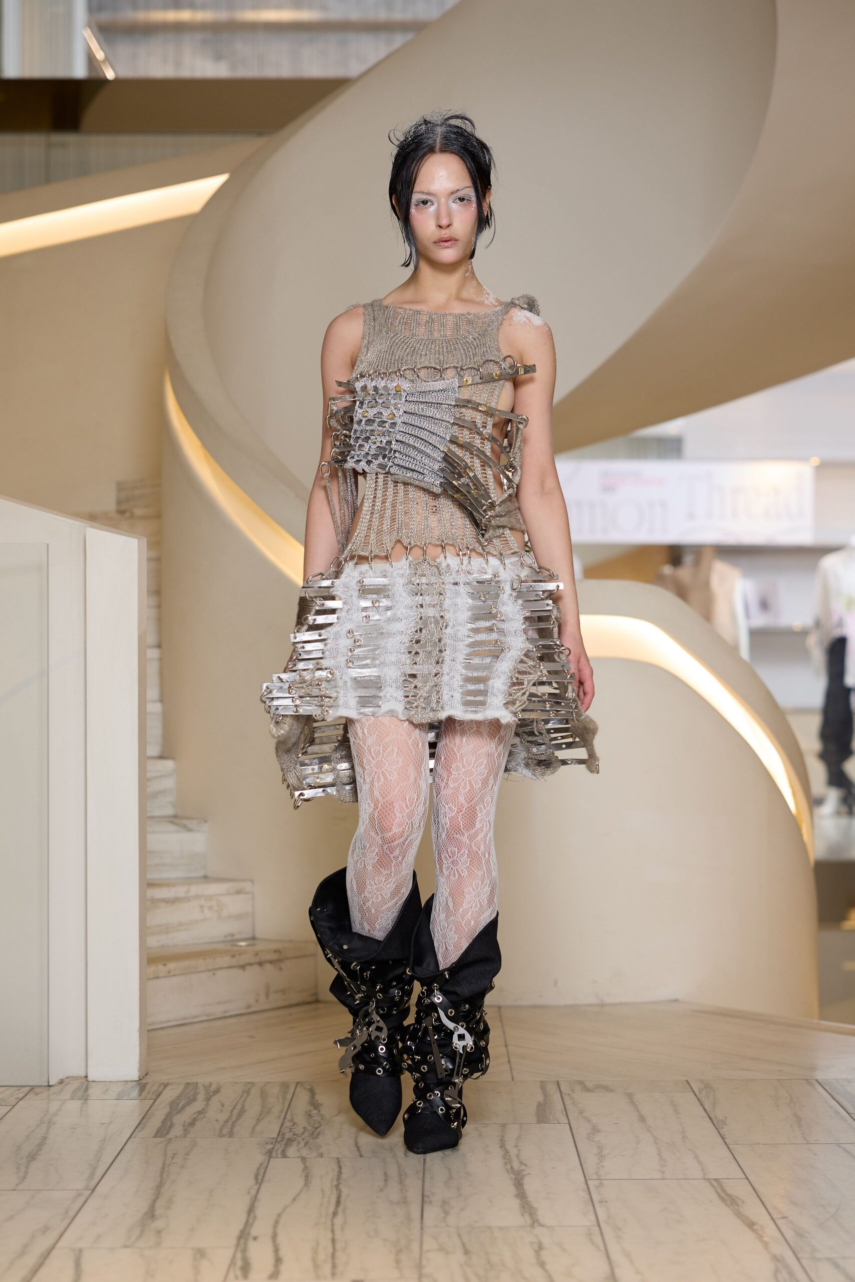beige cotton sleeveless high-neck fitted layered fringed dress