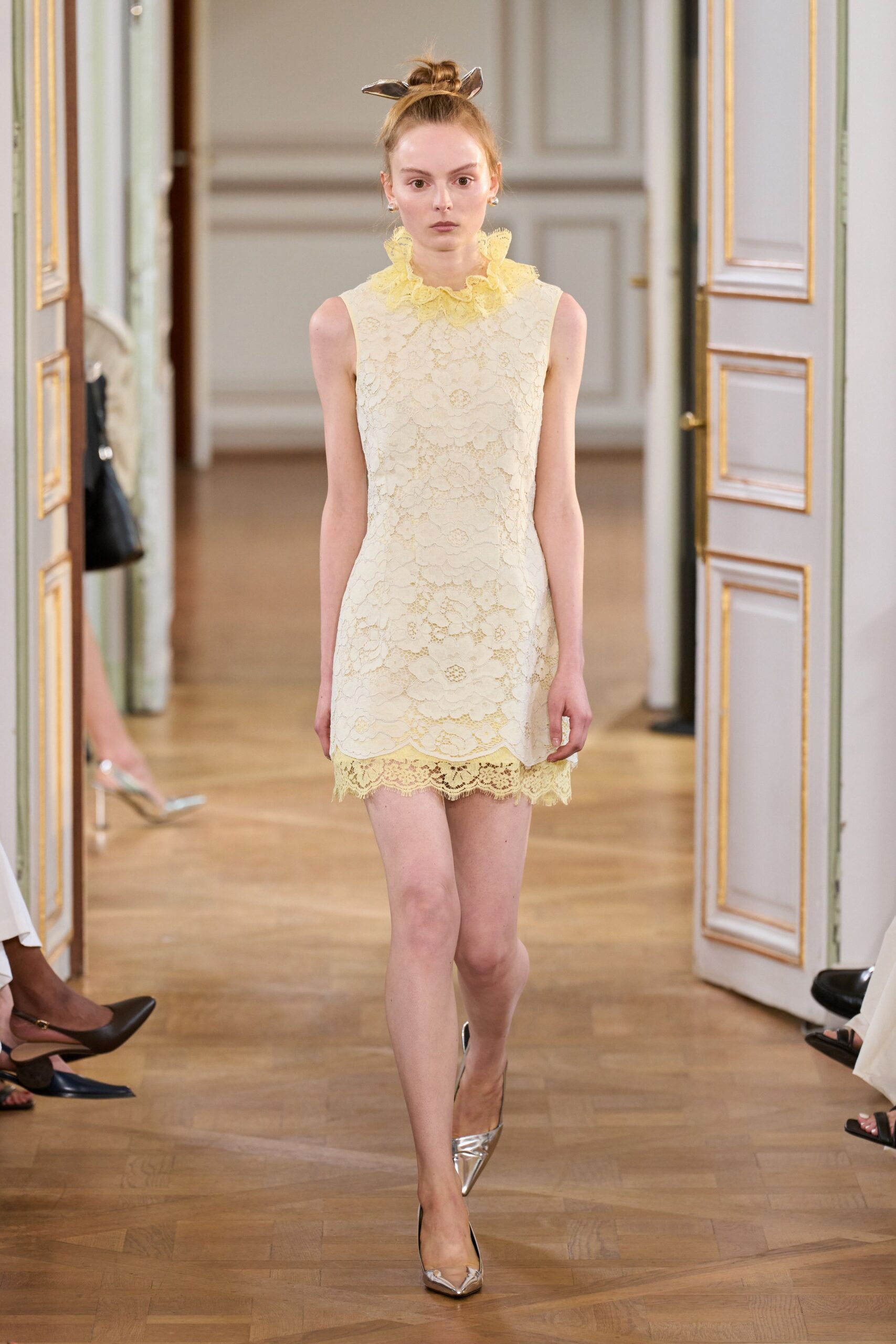yellow lace sleeveless high-neck fitted ruffled embroidered dress