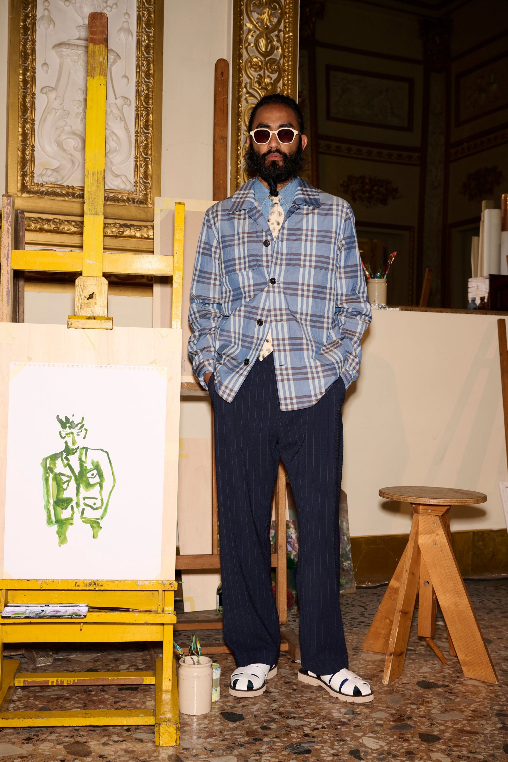 blue checked shirt with relaxed pants