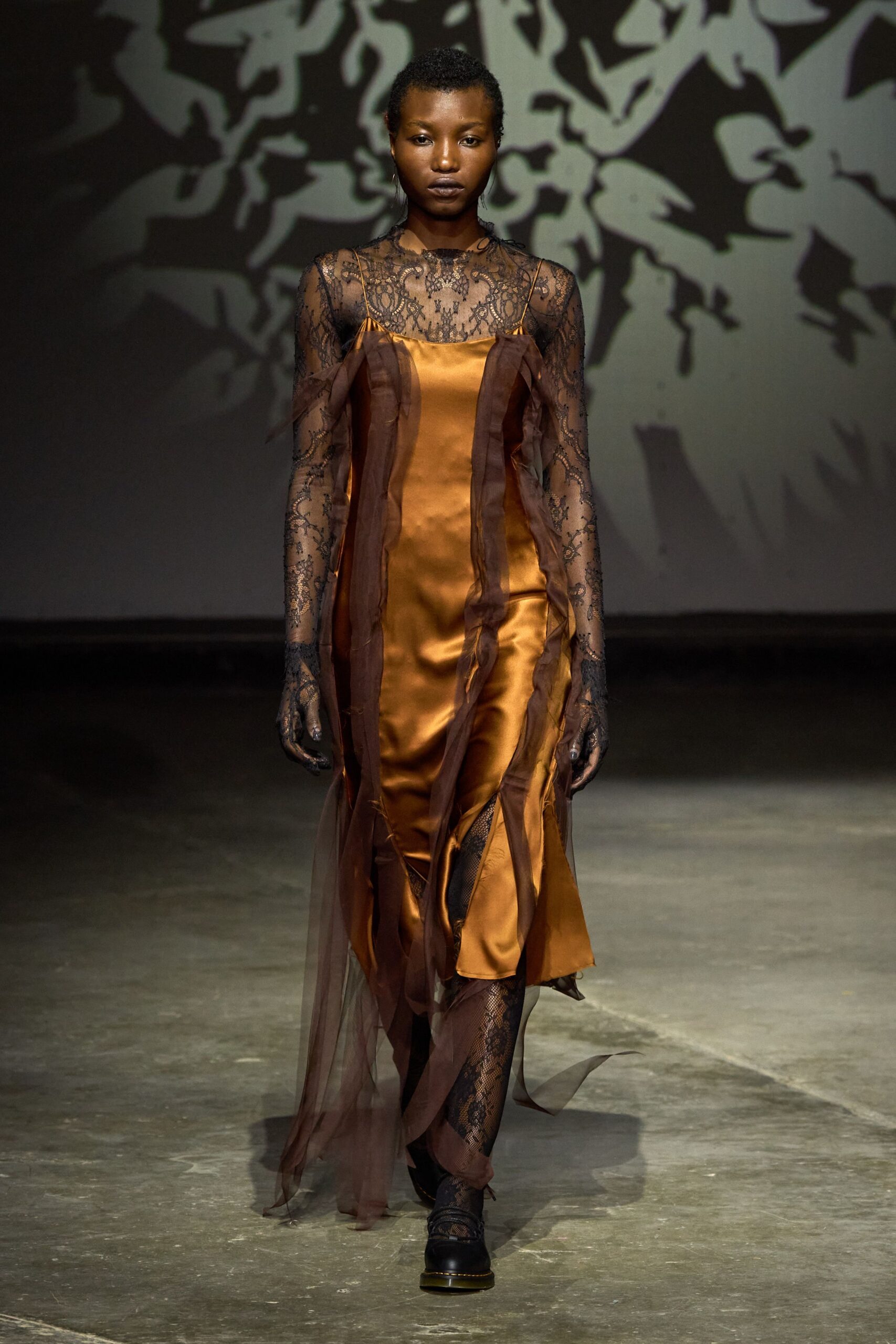 orange silk lace long-sleeve dress