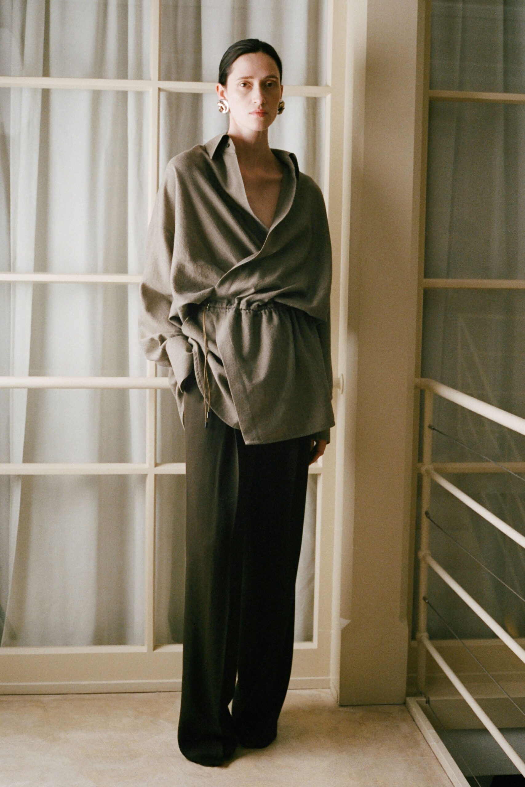 gray wool long-sleeve wrap relaxed belted top