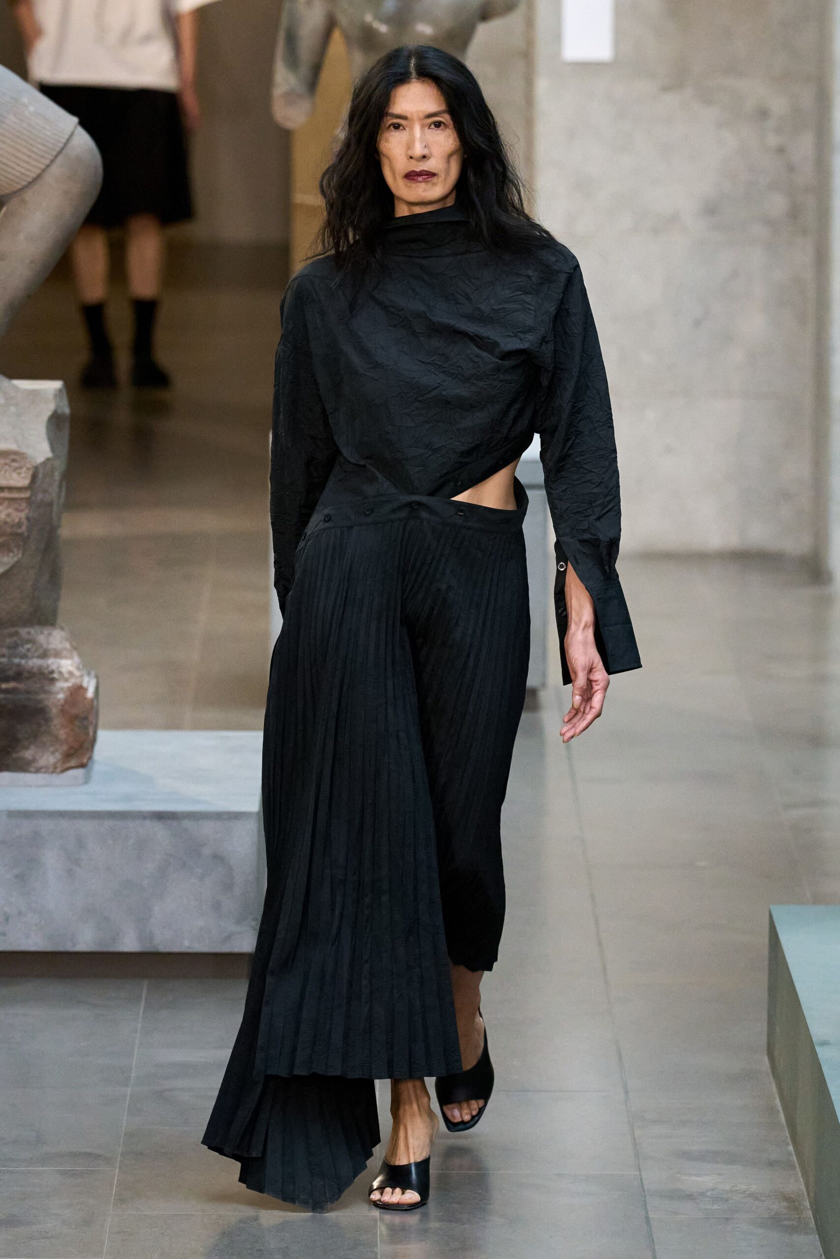 black pleated top and skirt