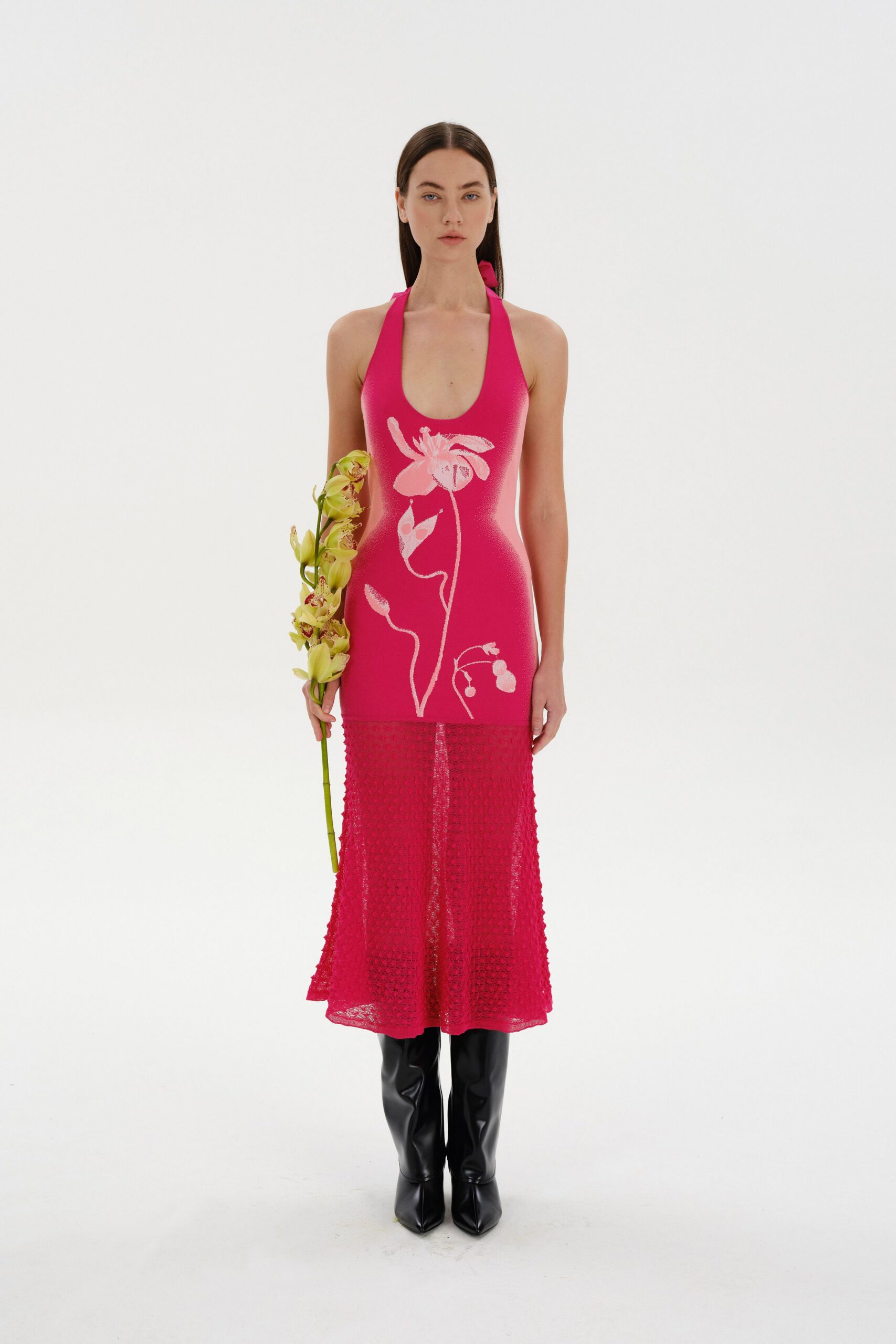 pink floral midi dress with black boots