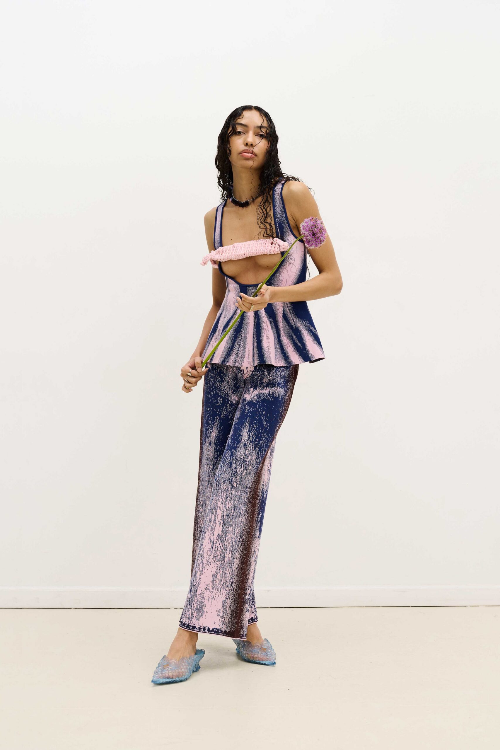 pink silk fitted flared shiny pants