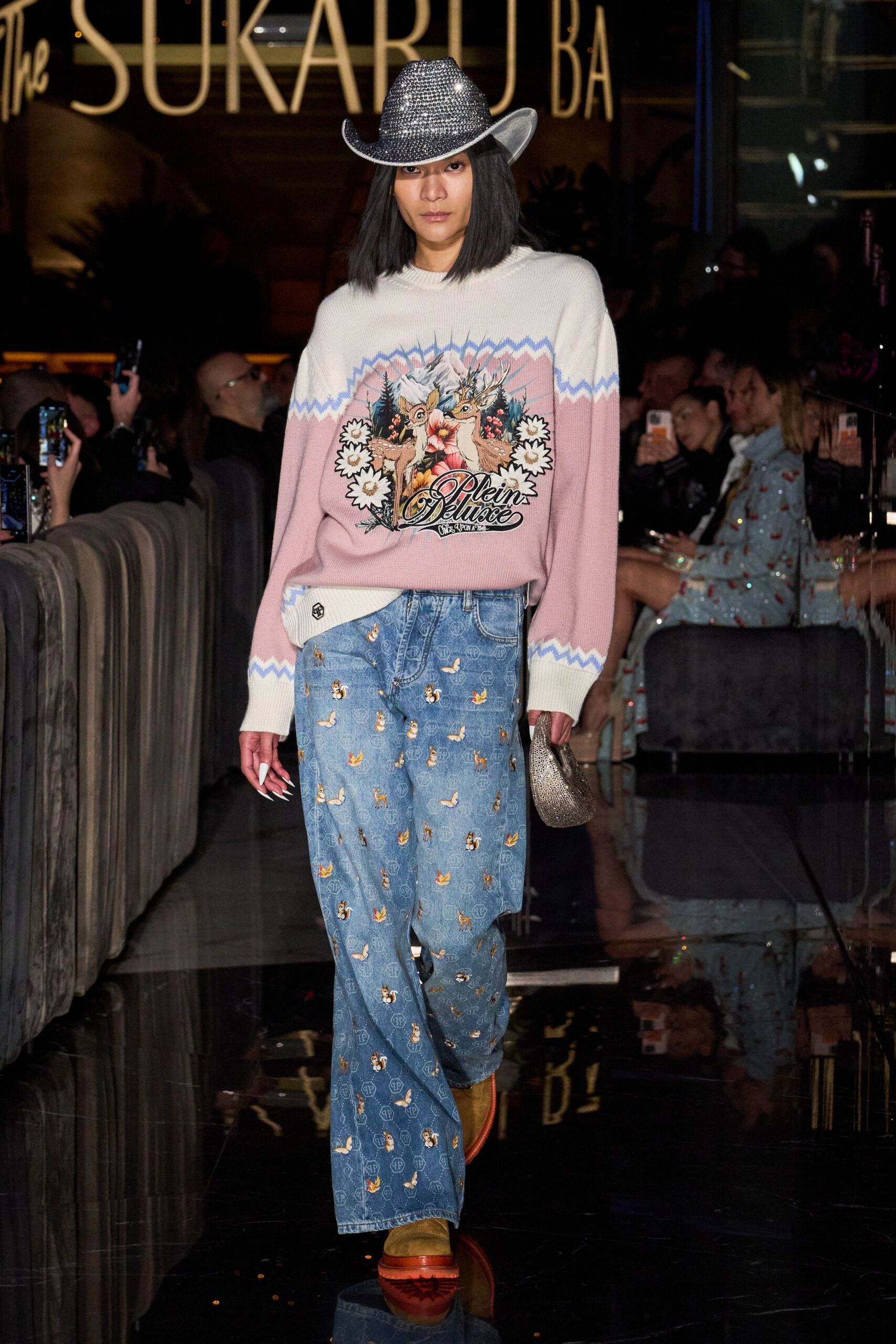 pink cotton long-sleeve collared relaxed embroidered sweater