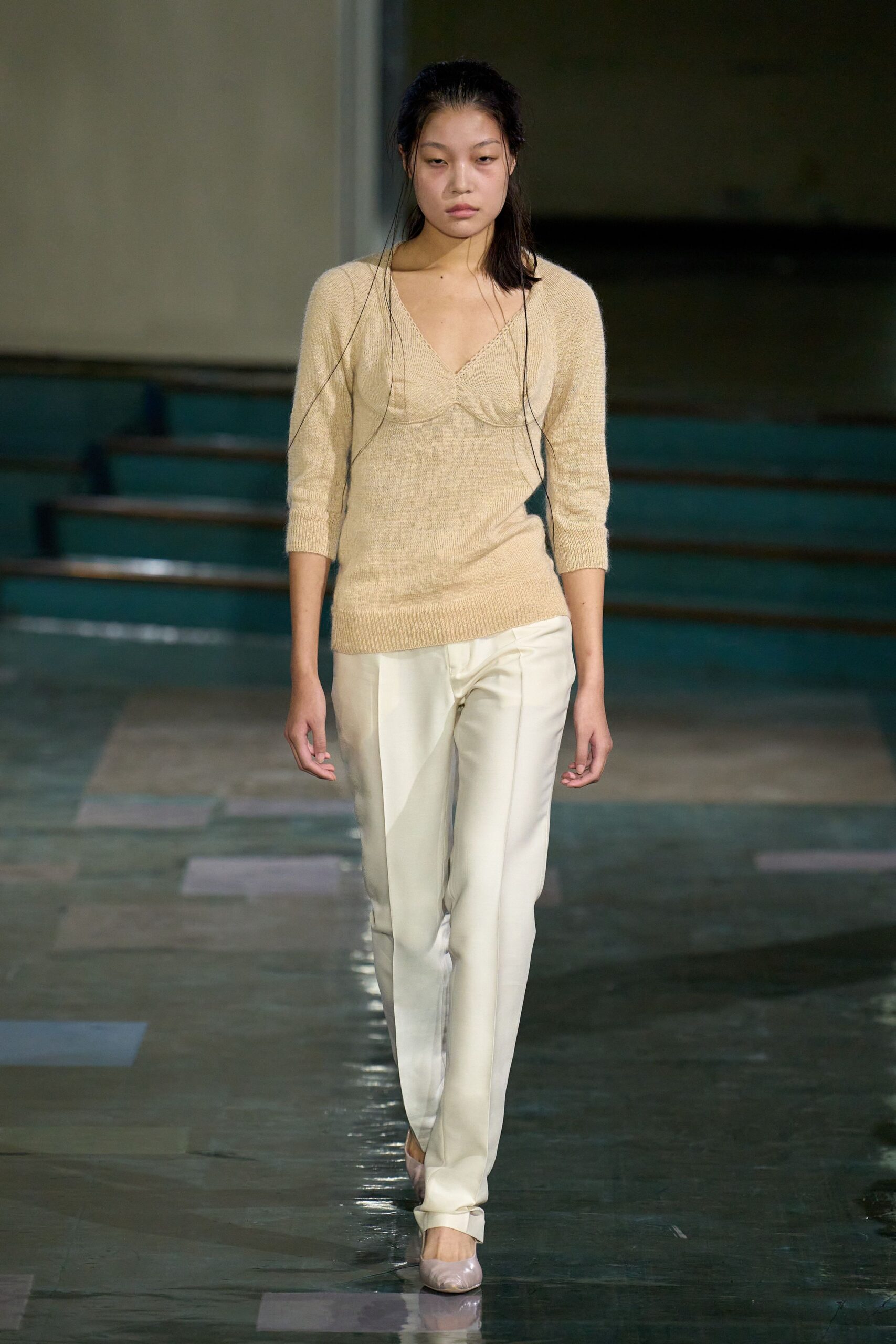 white silk slim straight-leg pants