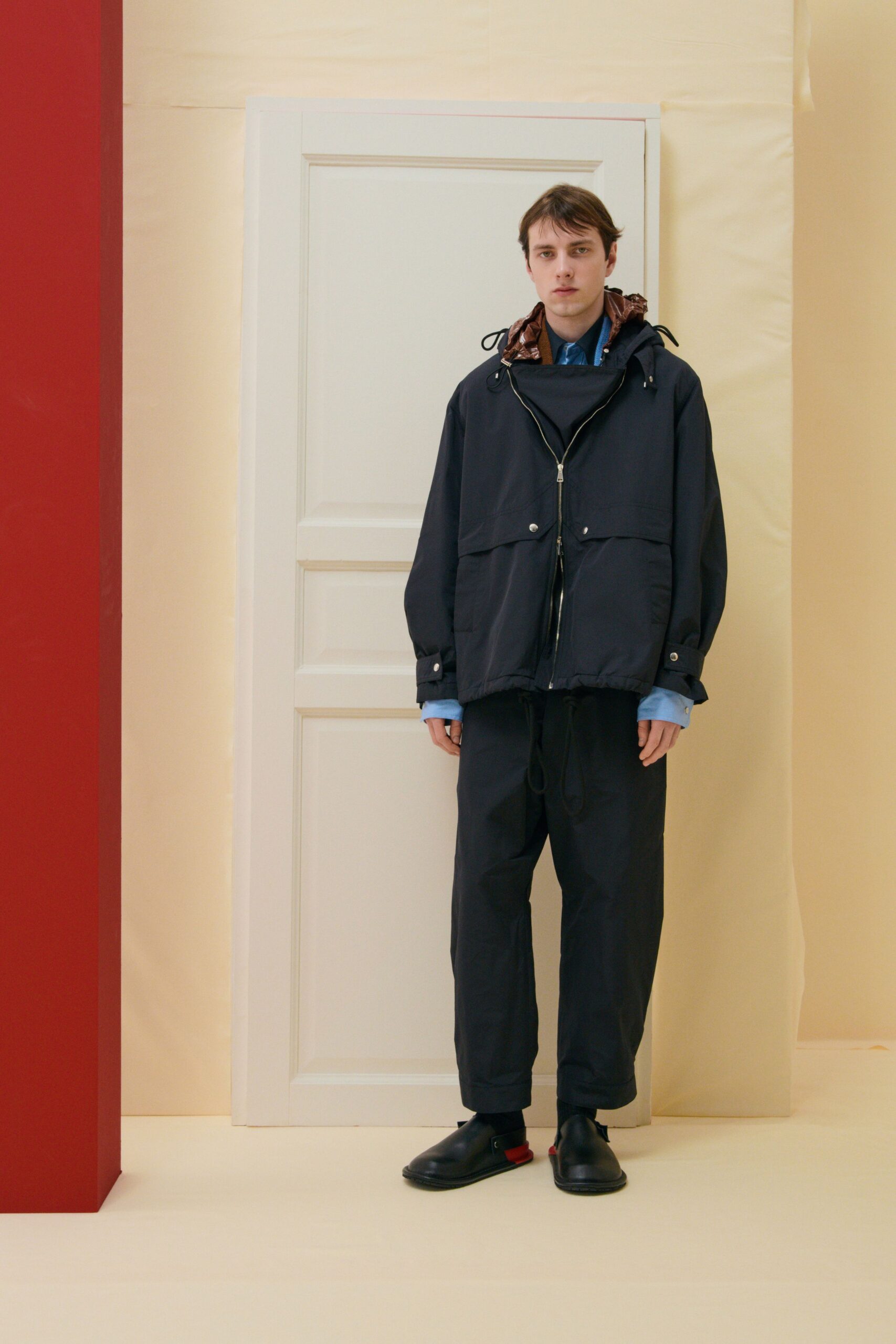 black relaxed jacket with blue shirt