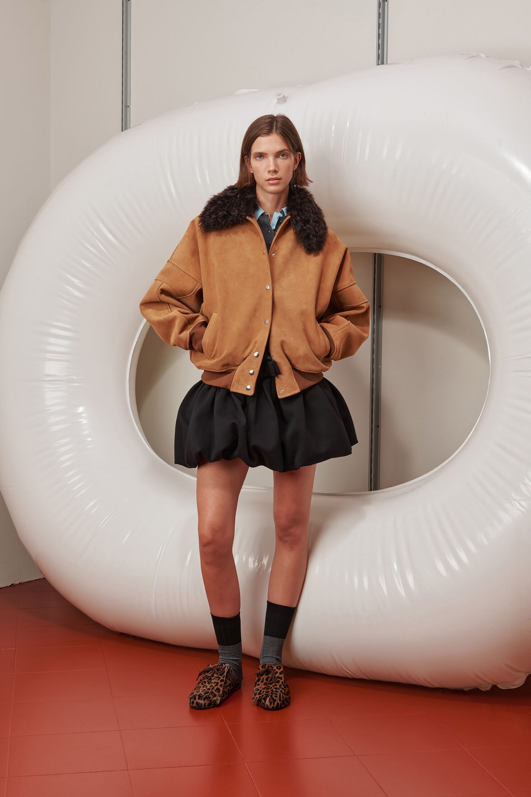 brown suede long-sleeve collared oversized buttoned jacket