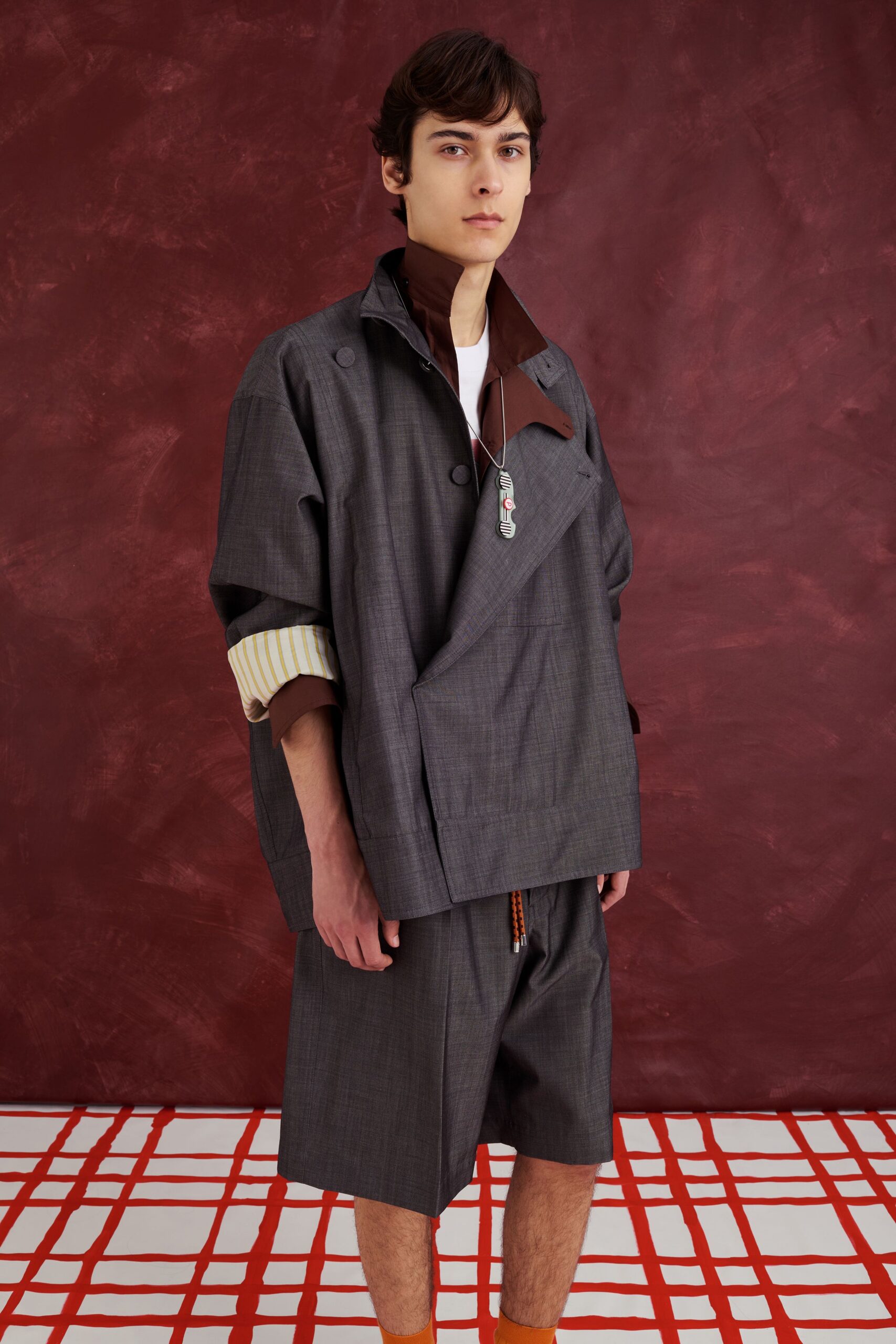 gray oversized jacket with shorts