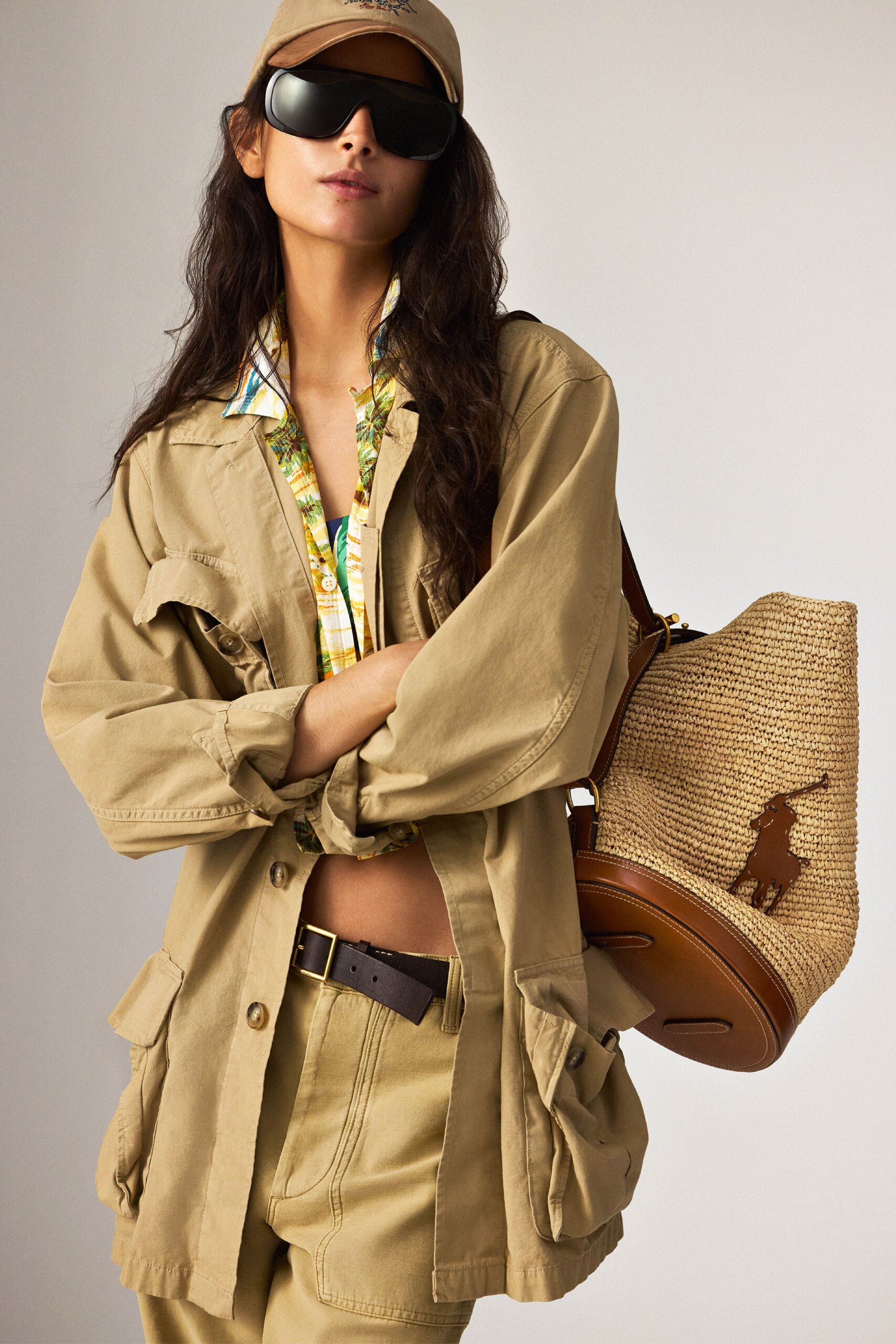 beige relaxed jacket with multi shirt