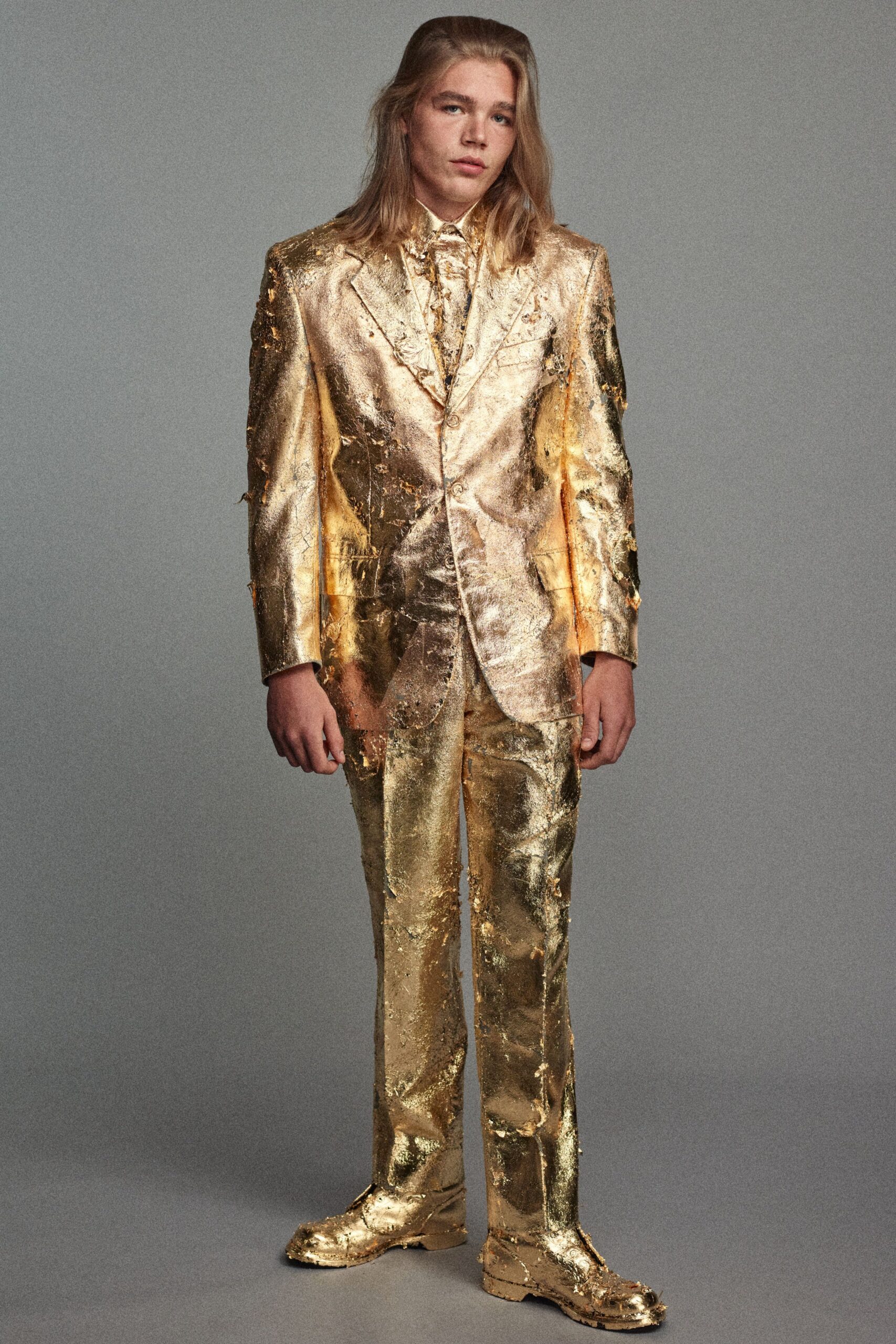 gold metallic long-sleeve collared tailored embellished shiny suit