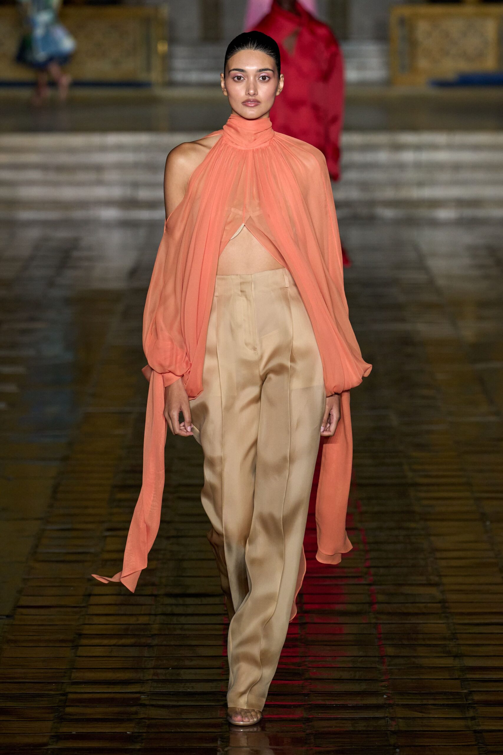 orange chiffon top beige silk pants