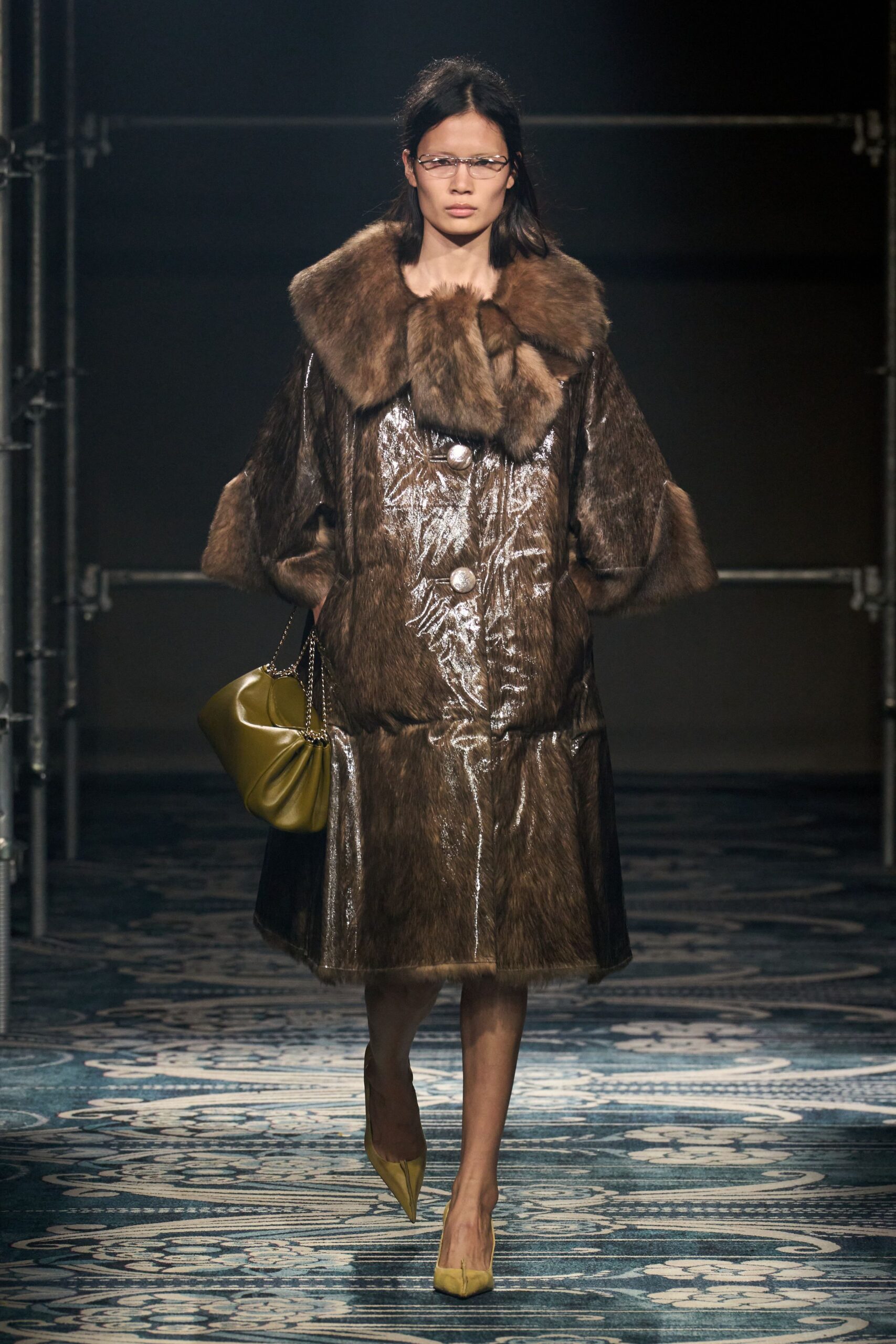 brown fur long-sleeve collared relaxed buttoned shiny coat