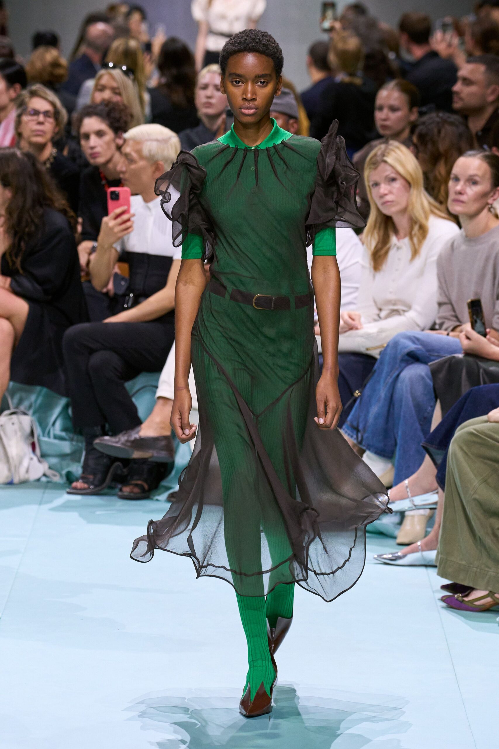 green silk long-sleeve collared fitted ruffled tiered dress