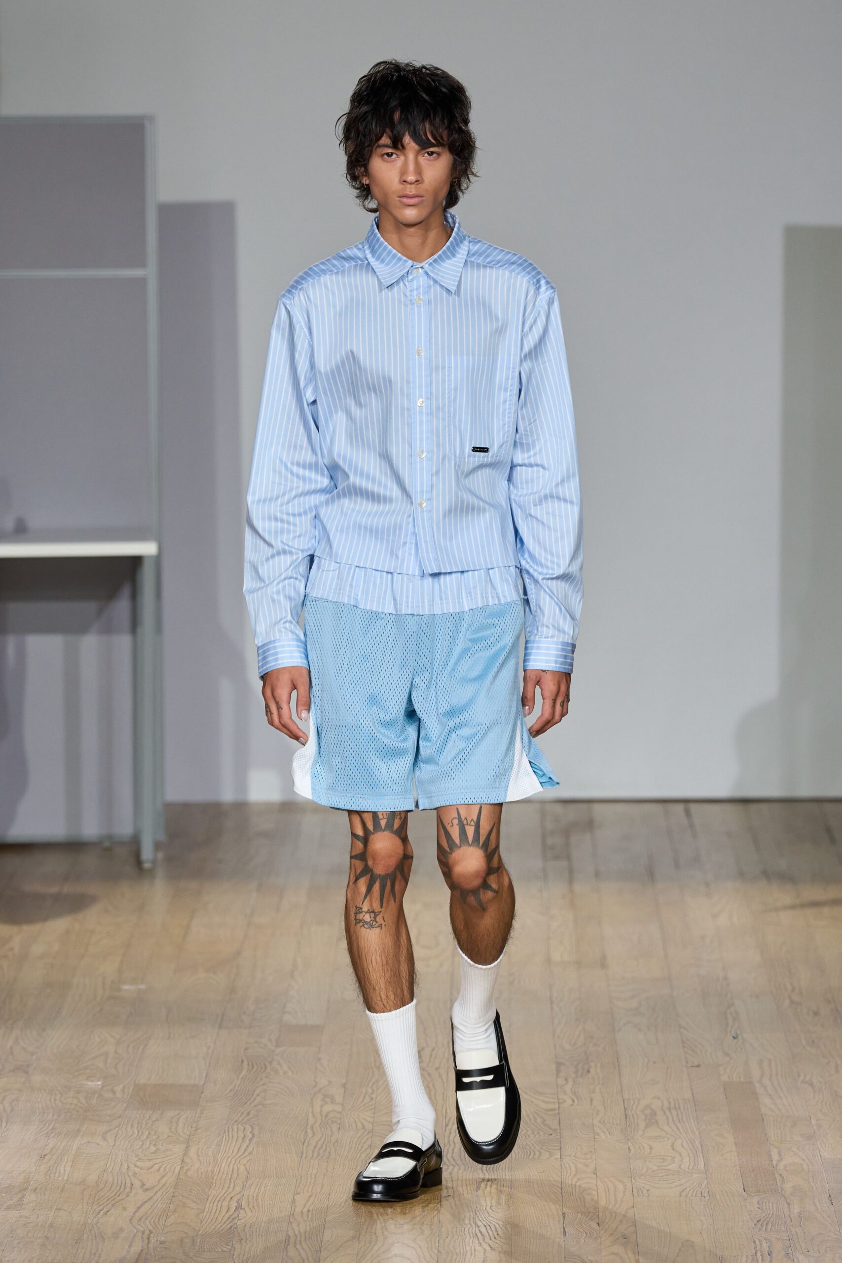blue striped shirt with shorts