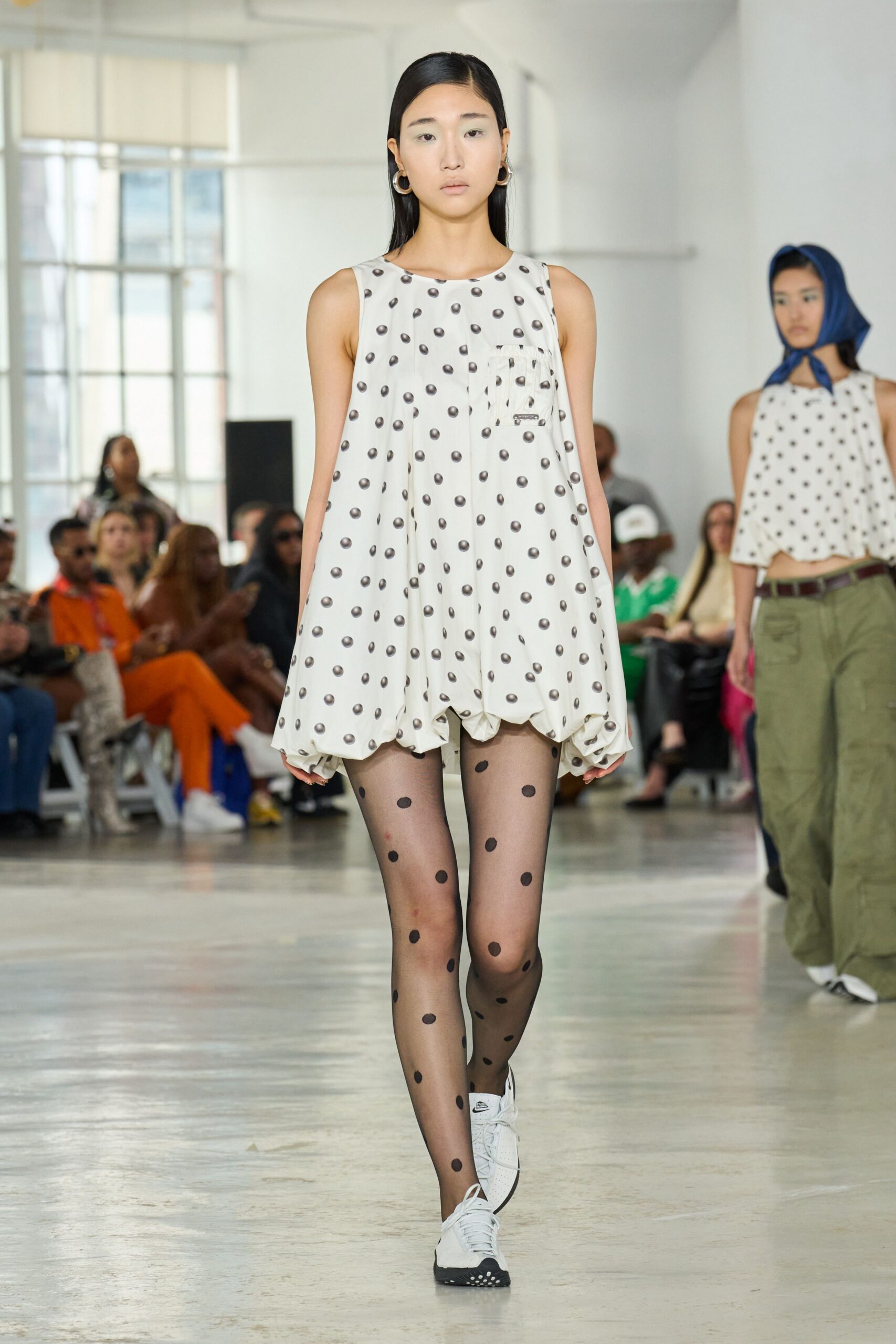 white polka-dot mini dress