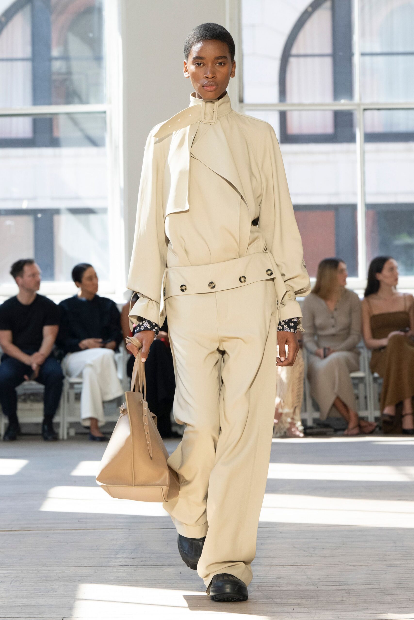 beige cotton long-sleeve collared fitted zippered pockets jumpsuit