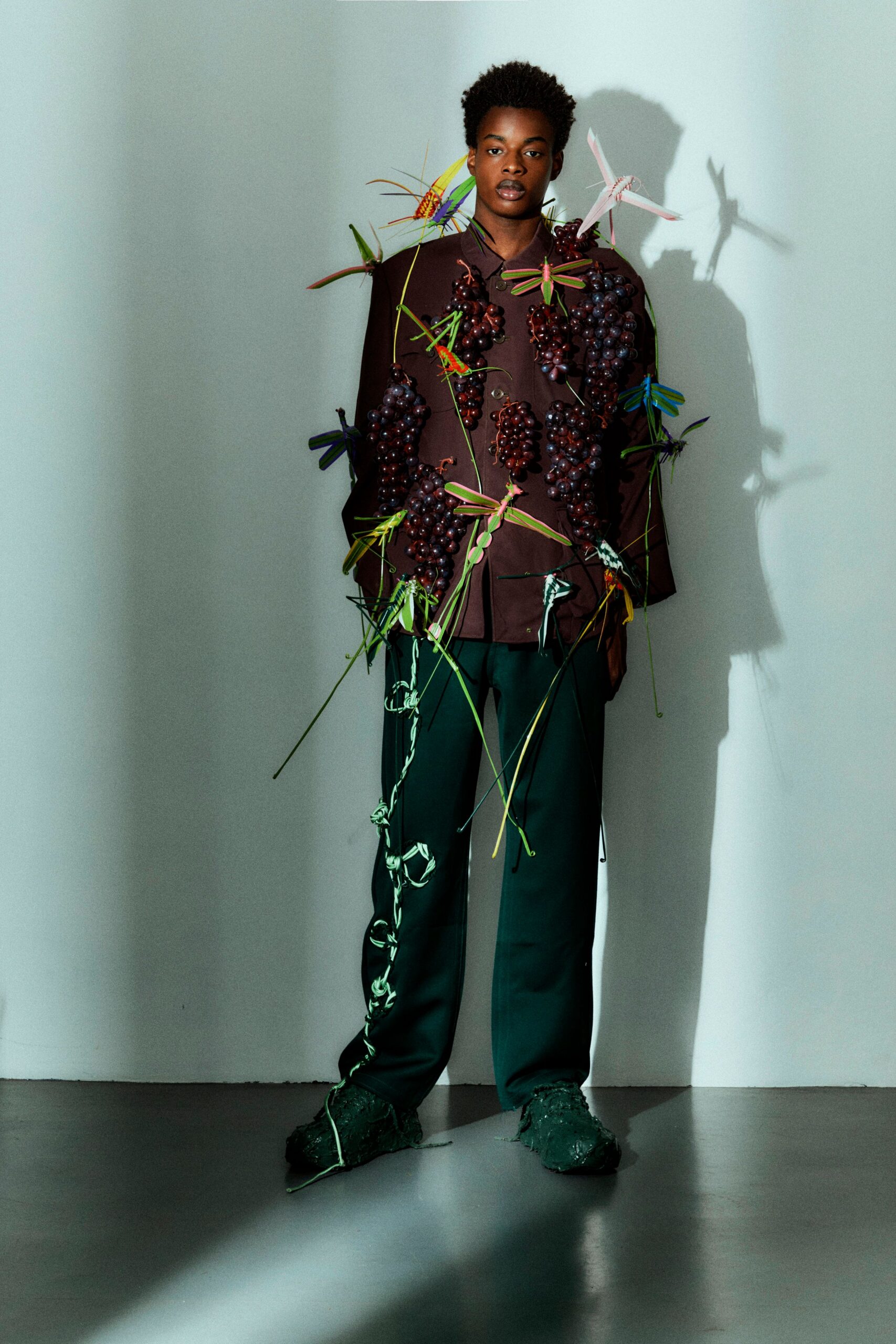 brown relaxed jacket green pants