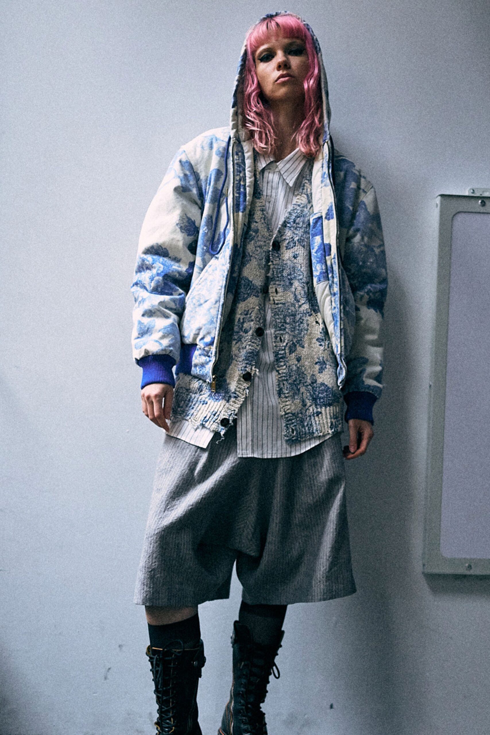 blue cotton hooded long-sleeve oversized printed jacket