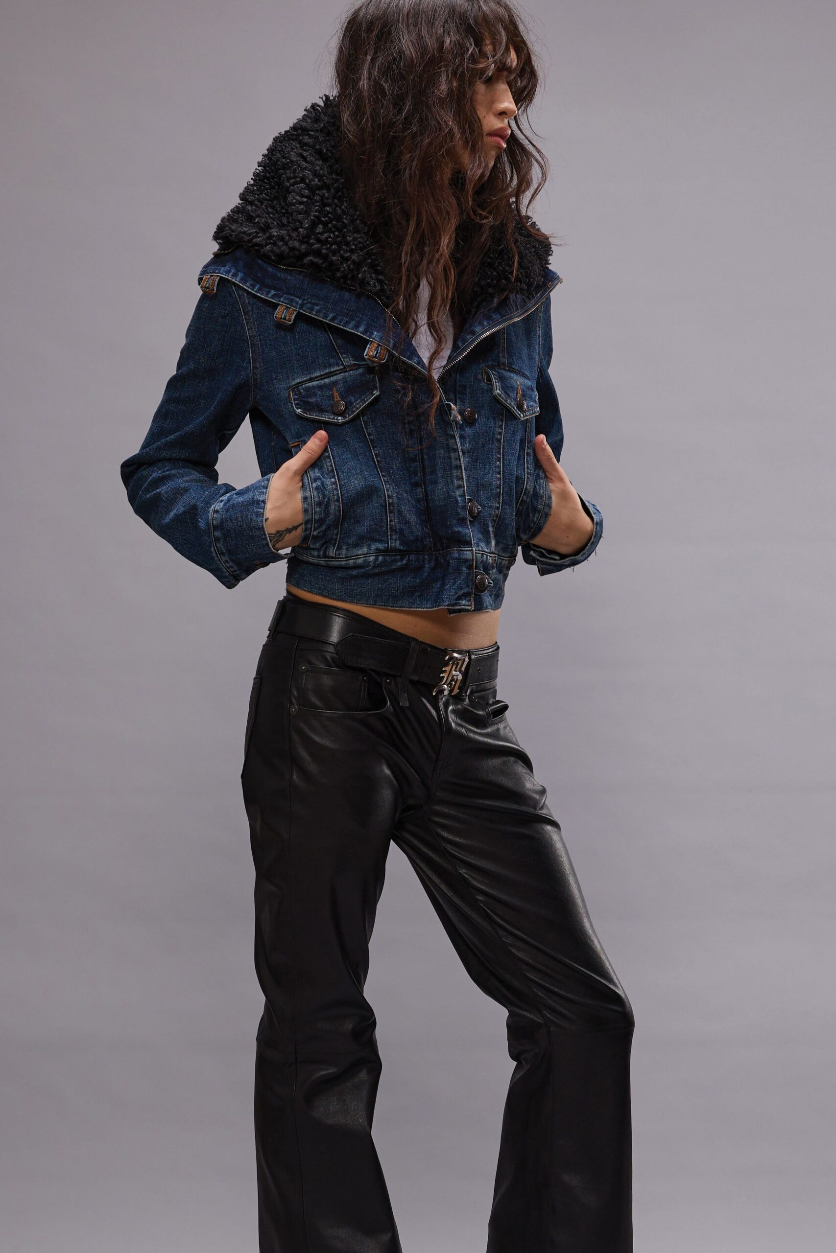 fitted denim jacket and leather pants