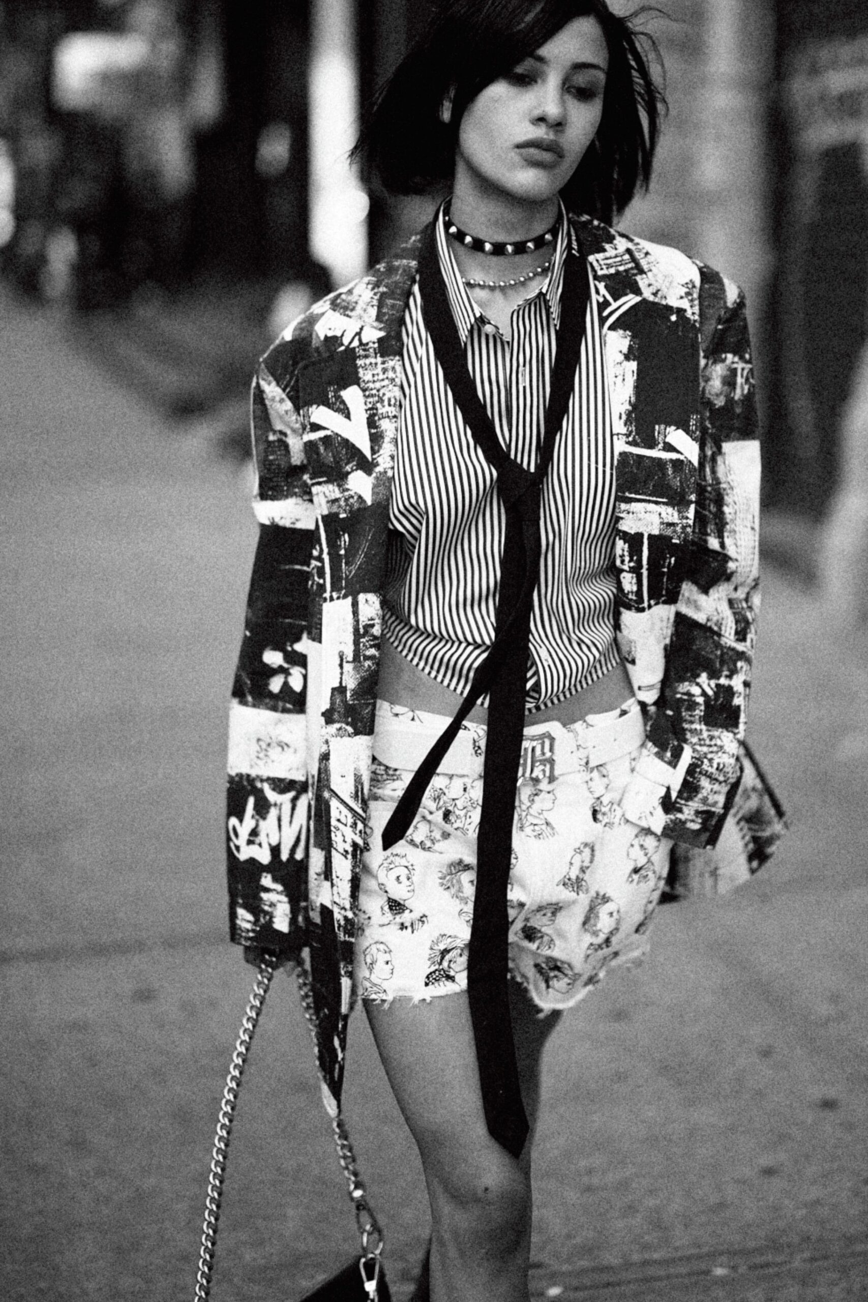 black and white printed blazer and shorts