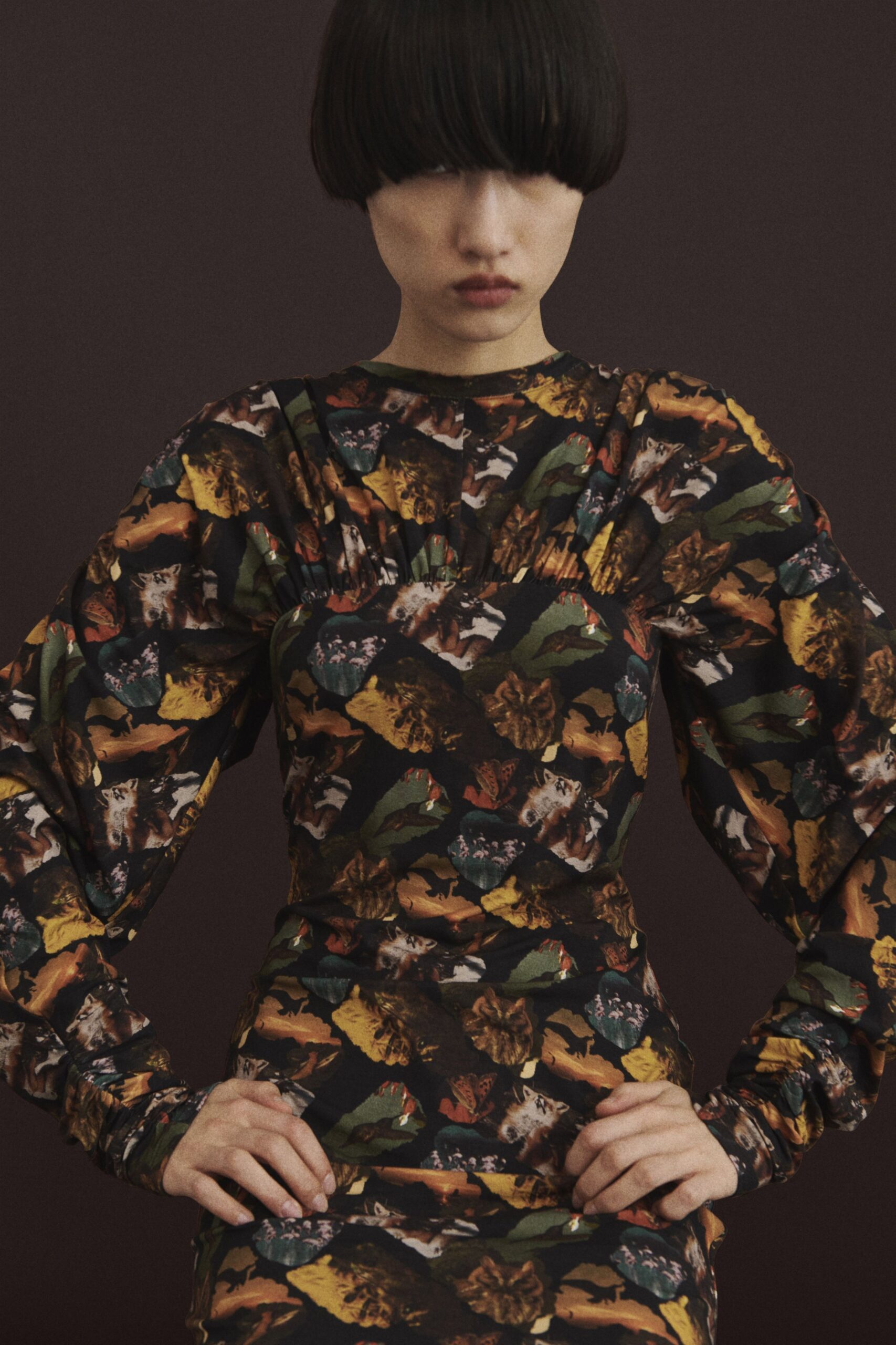 multi-colored fitted long-sleeve dress