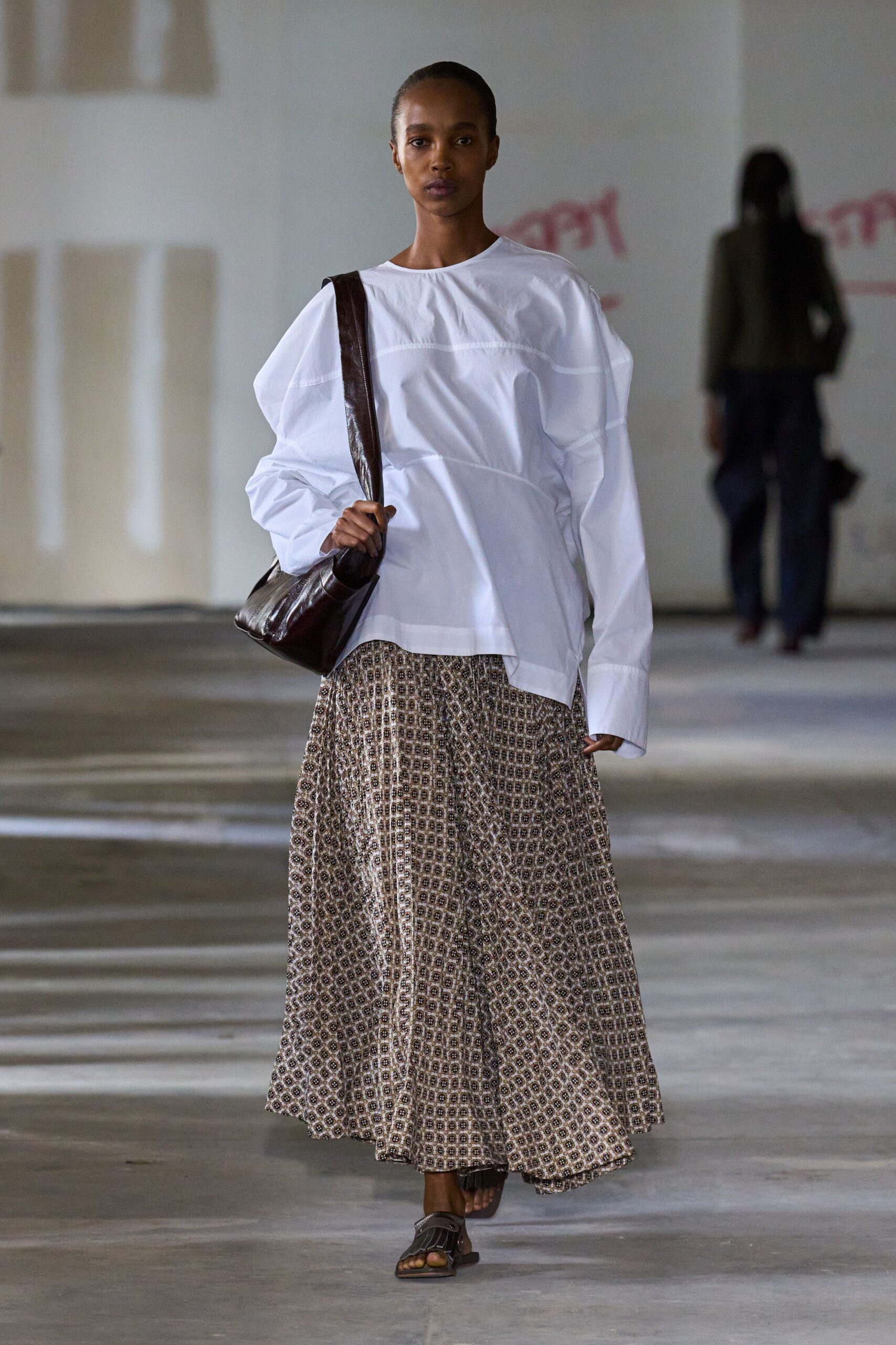 brown cotton relaxed printed maxi skirt