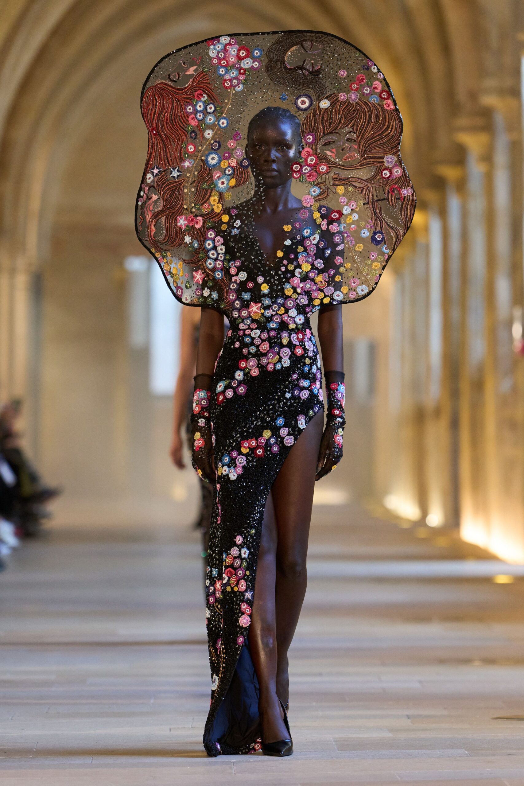 multi silk oversized embroidered flowing cape