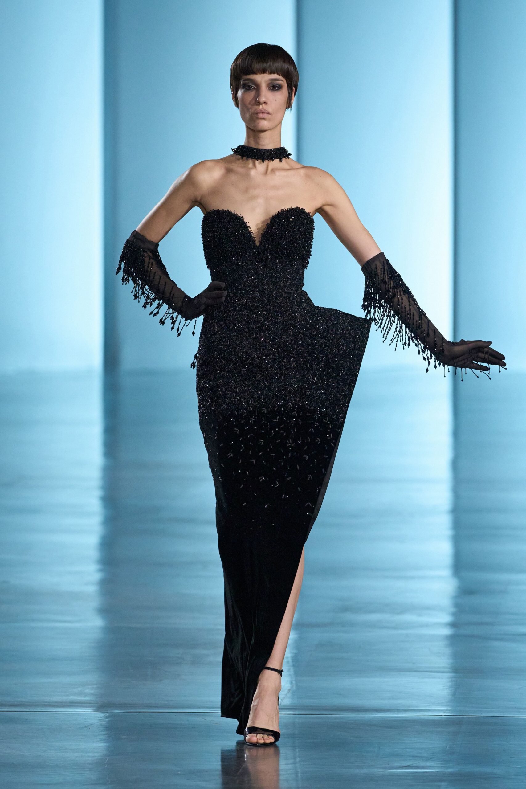 black silk strapless v-neck fitted beaded fringed gown