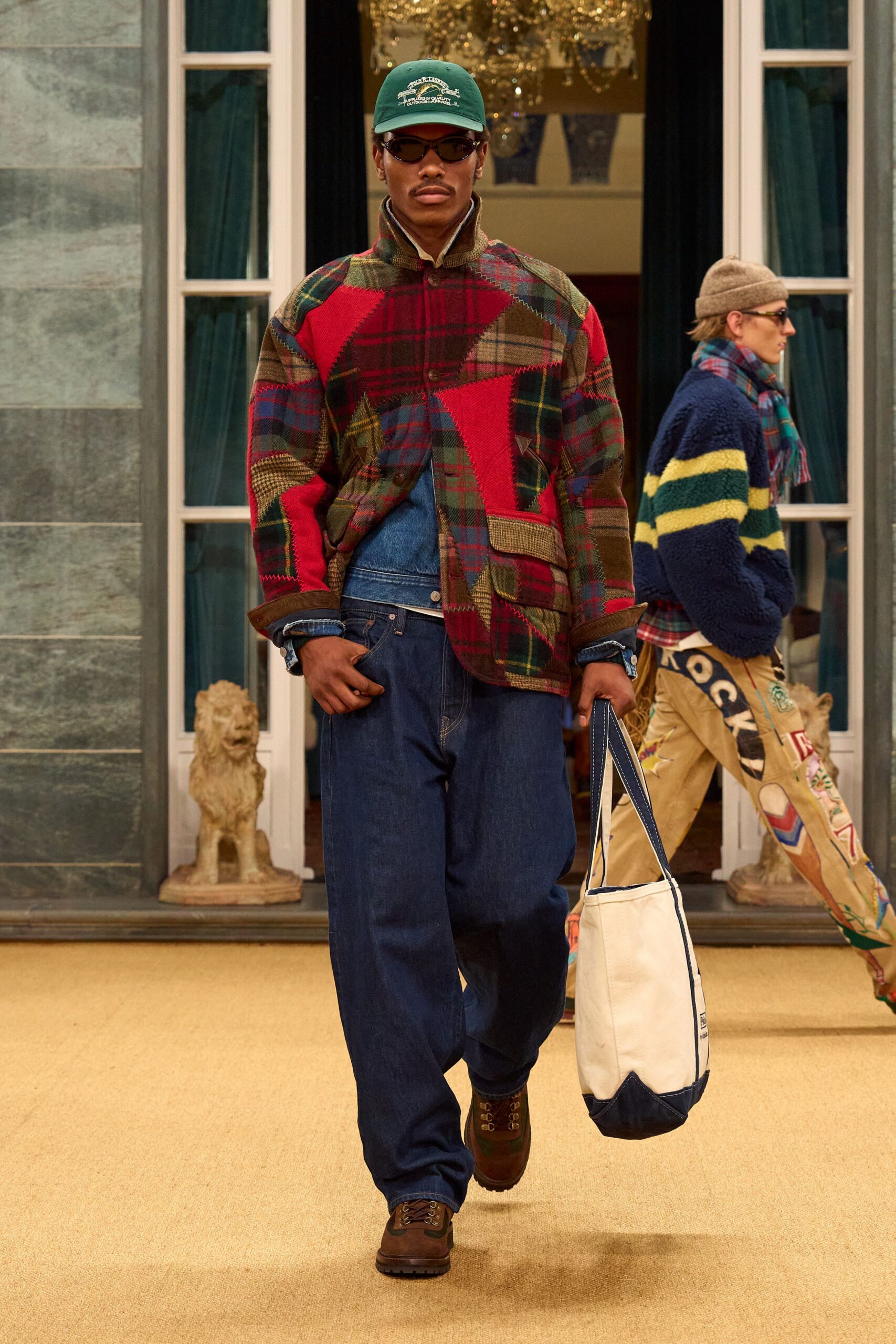 relaxed patchwork jacket with denim pants