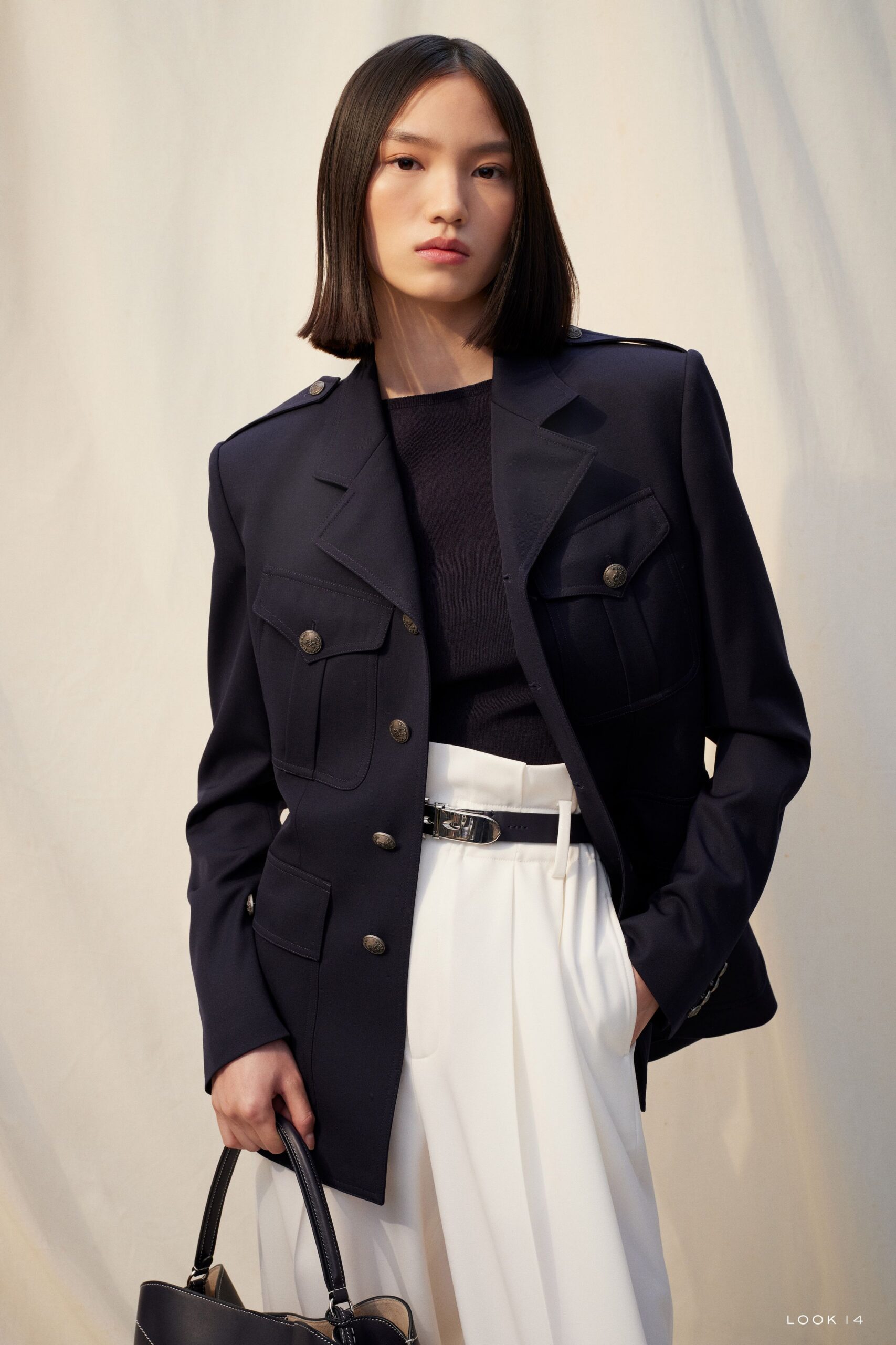 black blazer white tailored pants