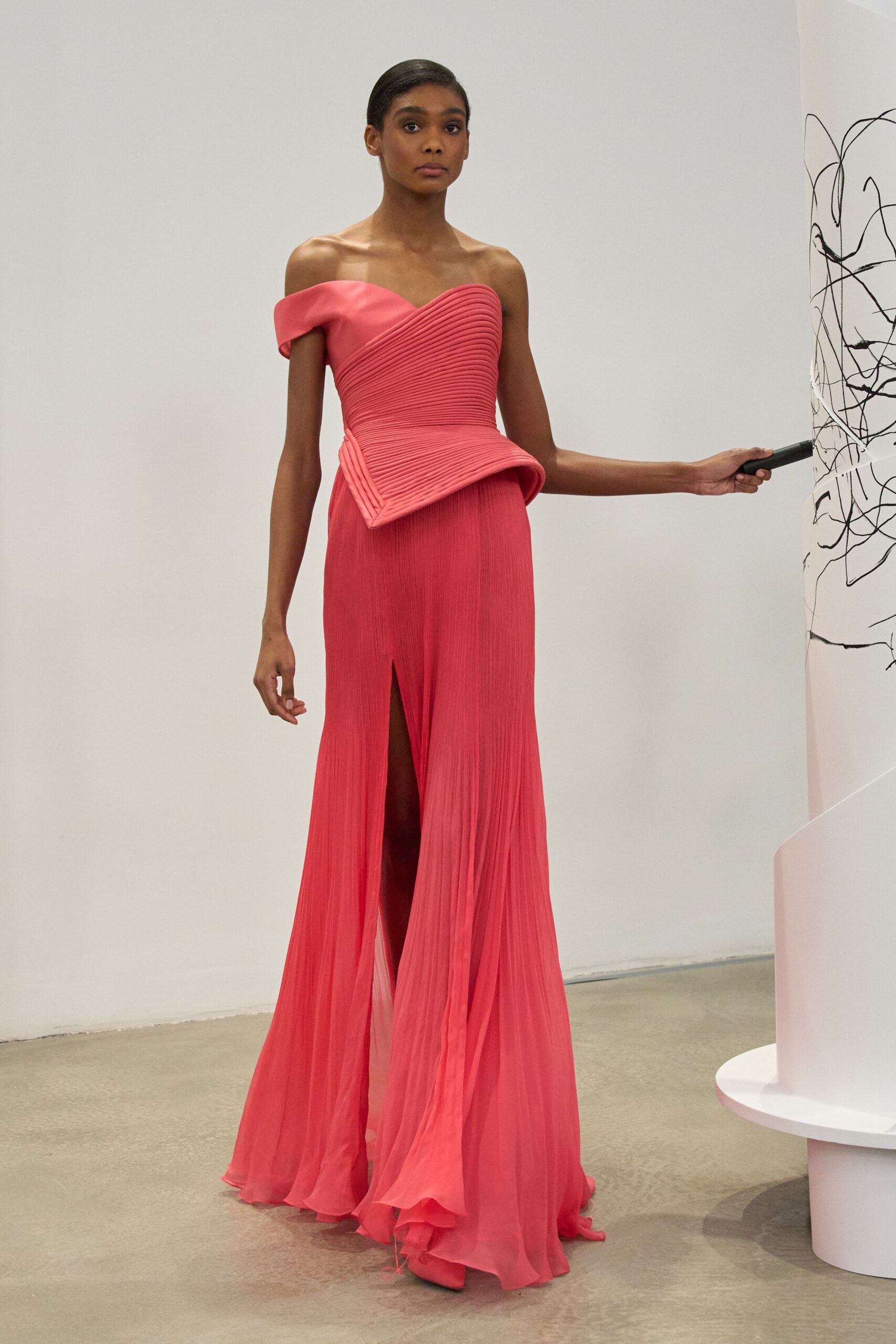 pink silk off-shoulder gown