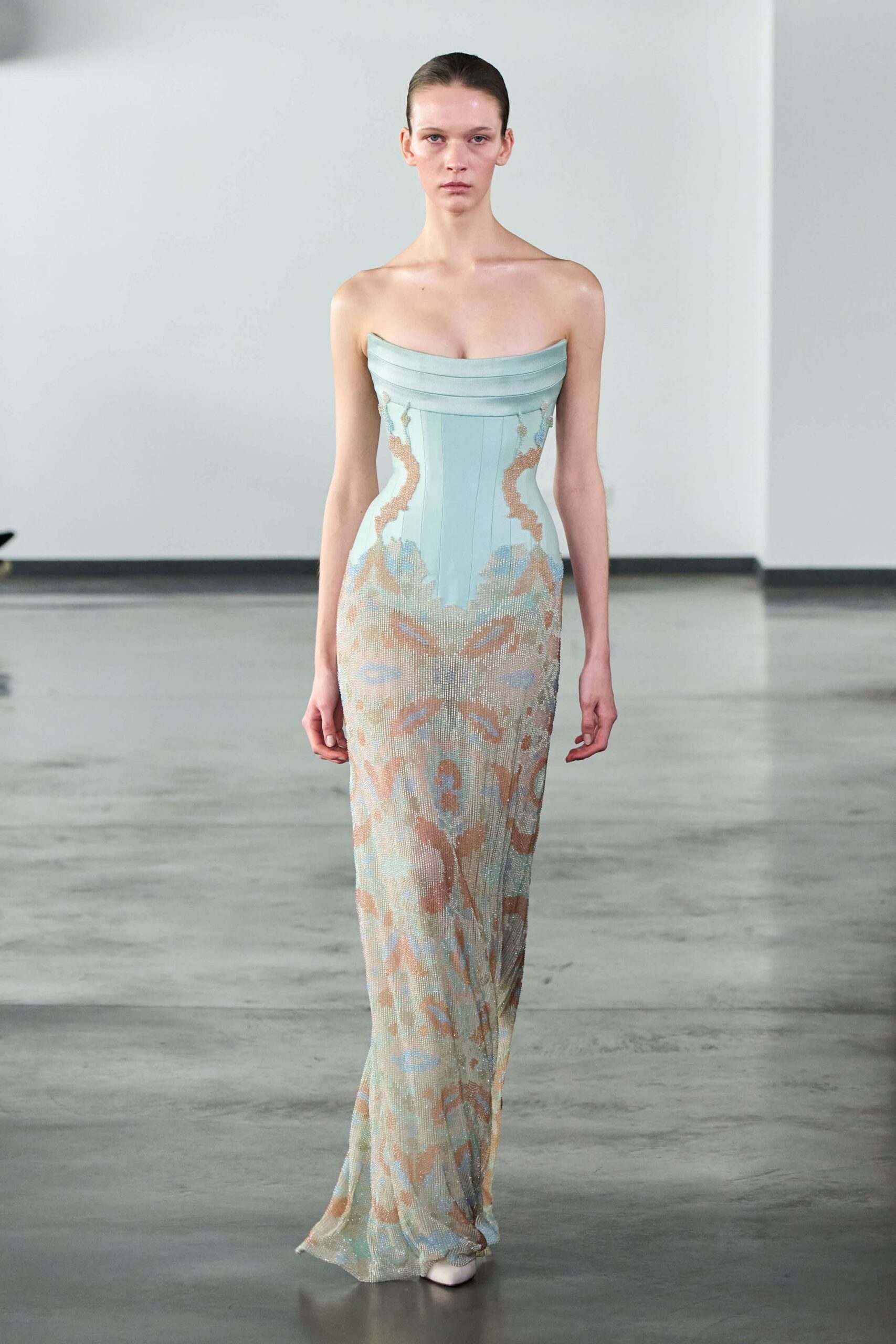 blue beige strapless embroidered gown