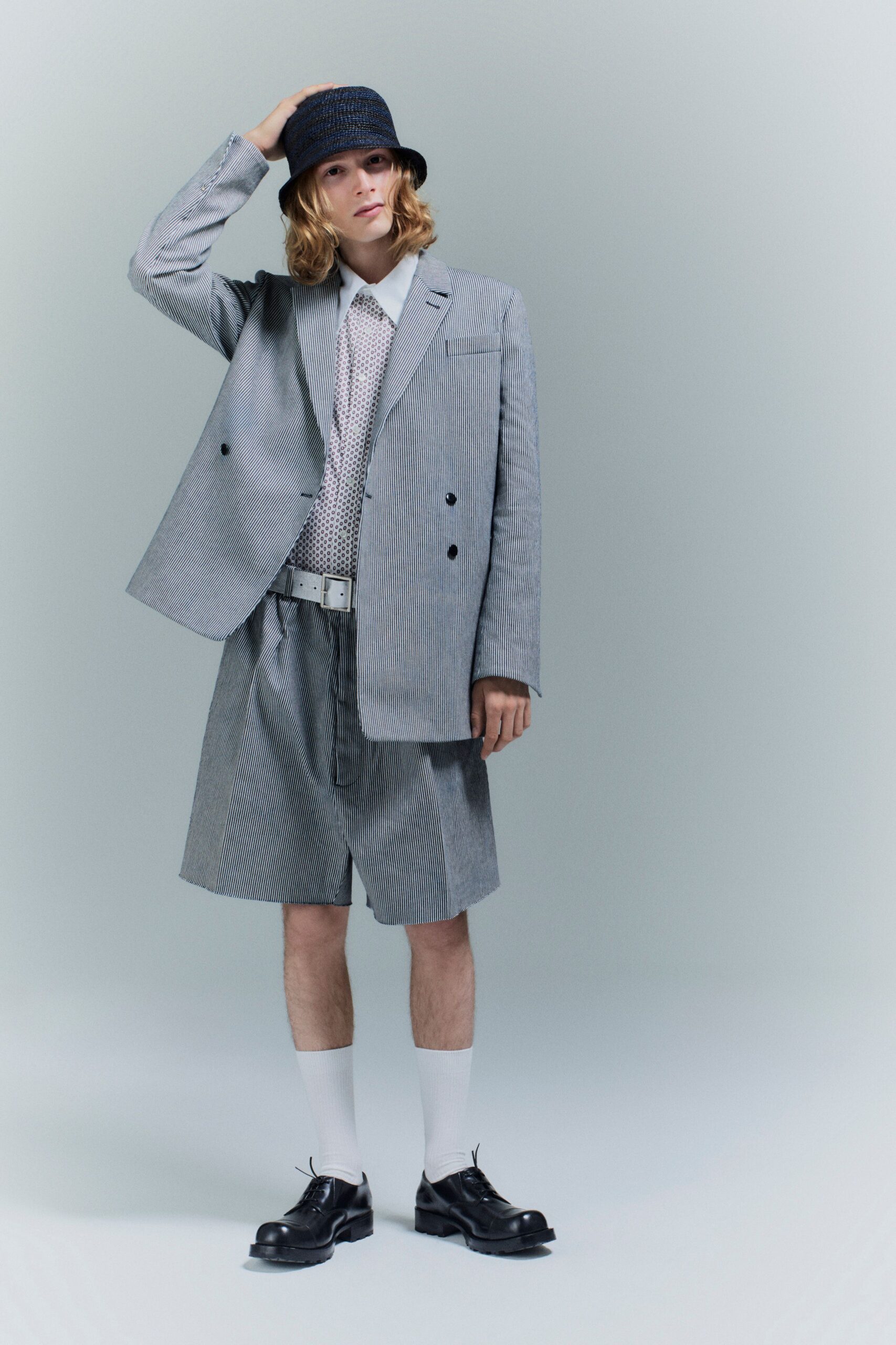 gray tailored blazer with shorts
