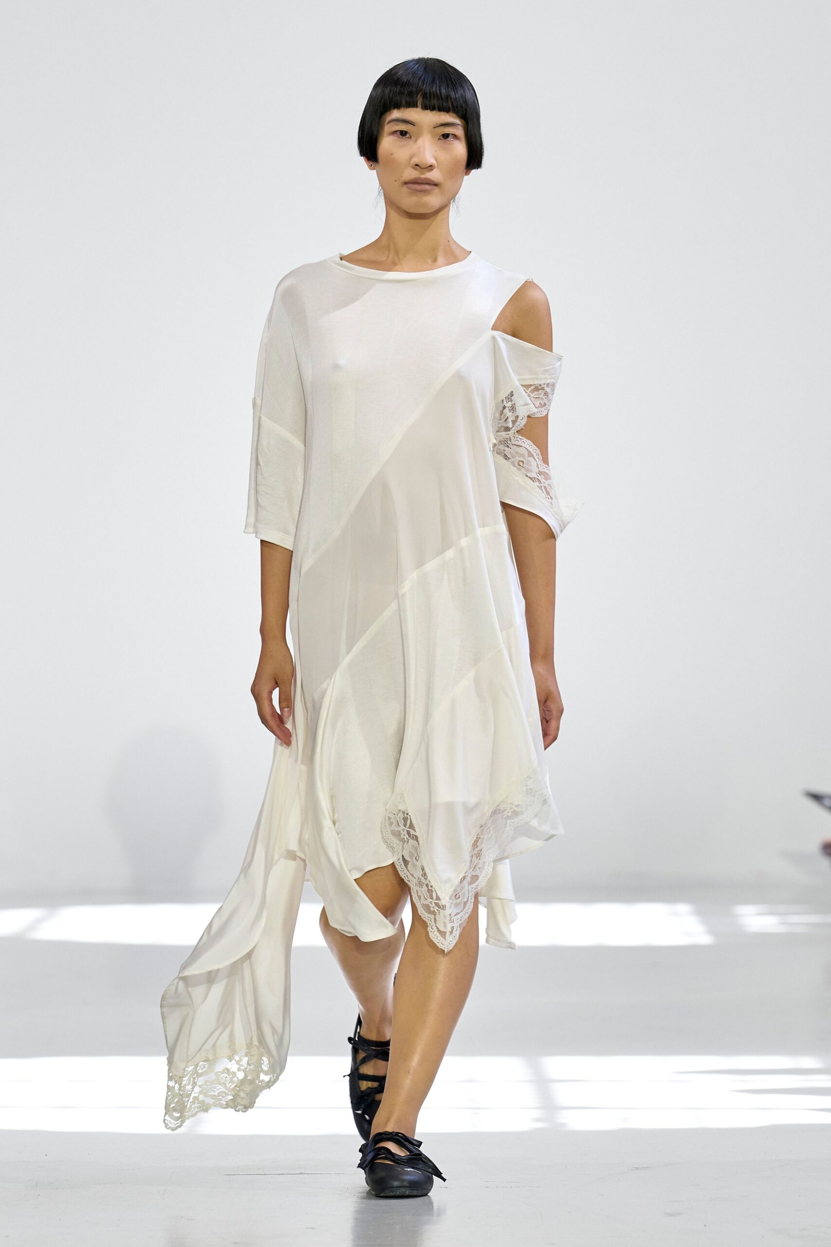 white silk long-sleeve asymmetric relaxed layered embroidered dress