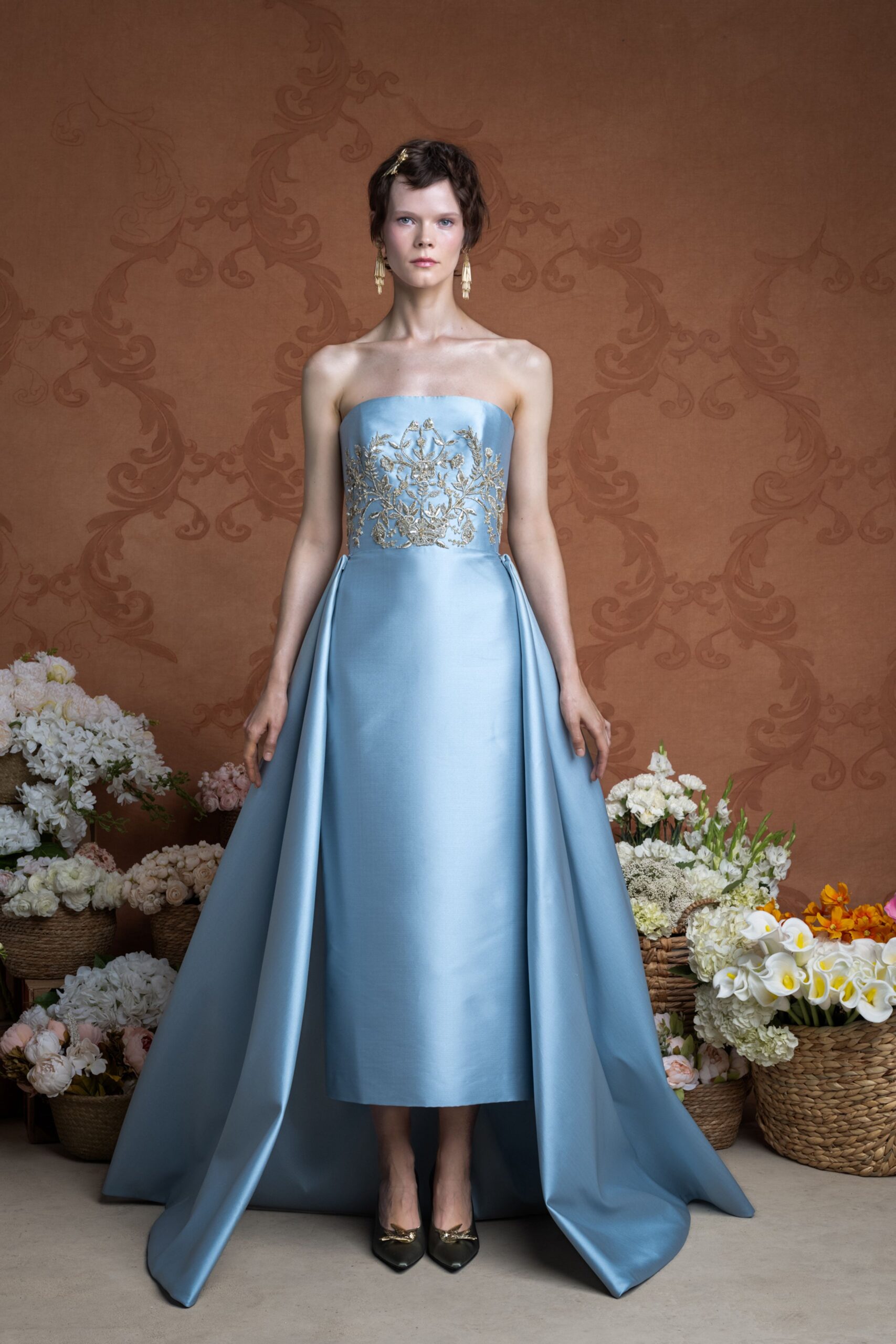 blue silk strapless gown