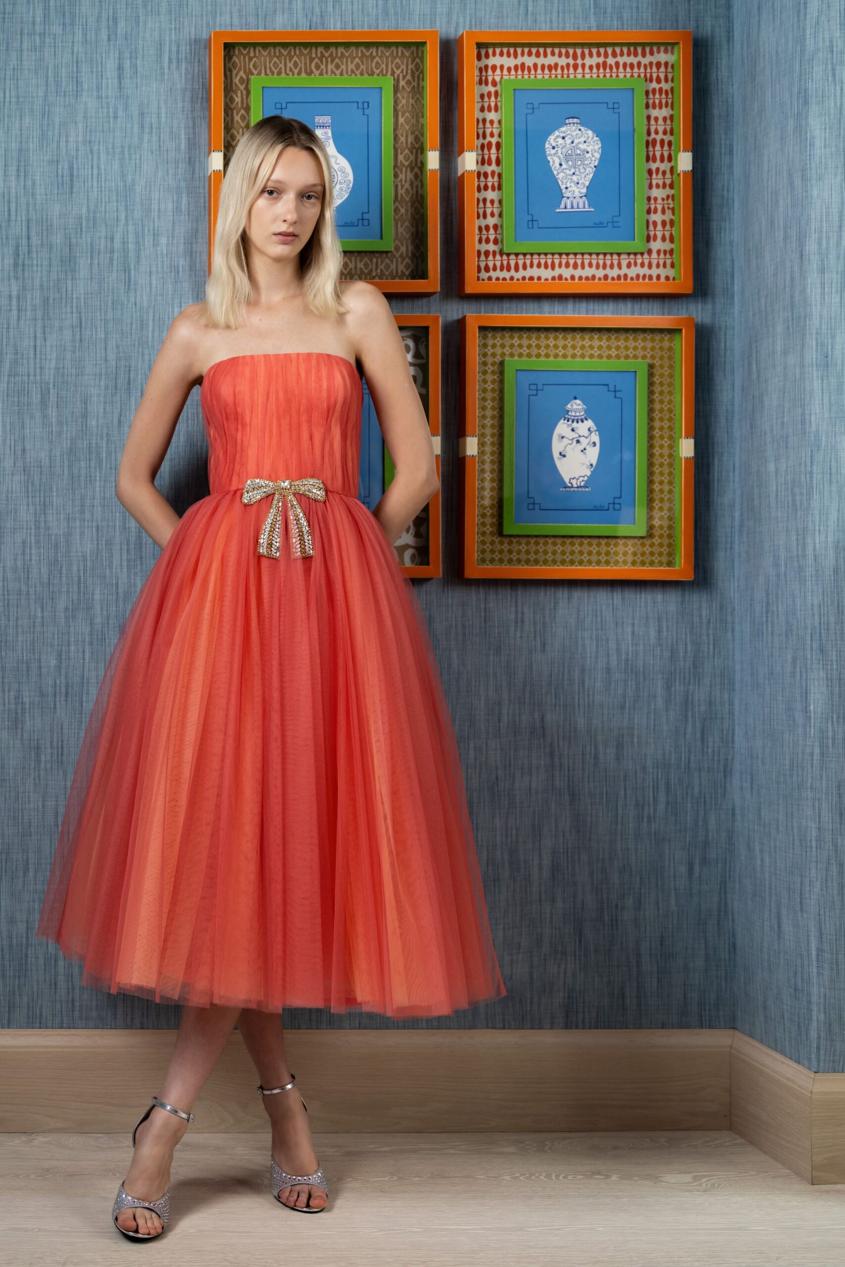 orange tulle strapless fitted tiered flowing midi dress