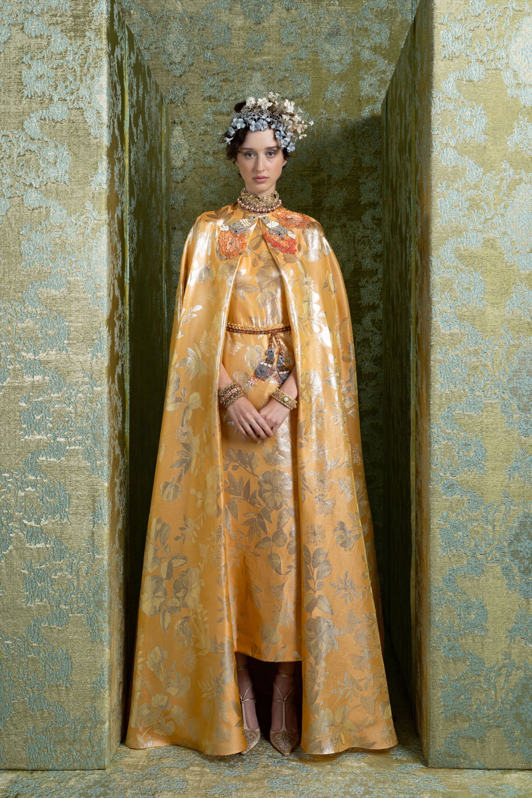 orange silk collared relaxed floral embellished flowing cape