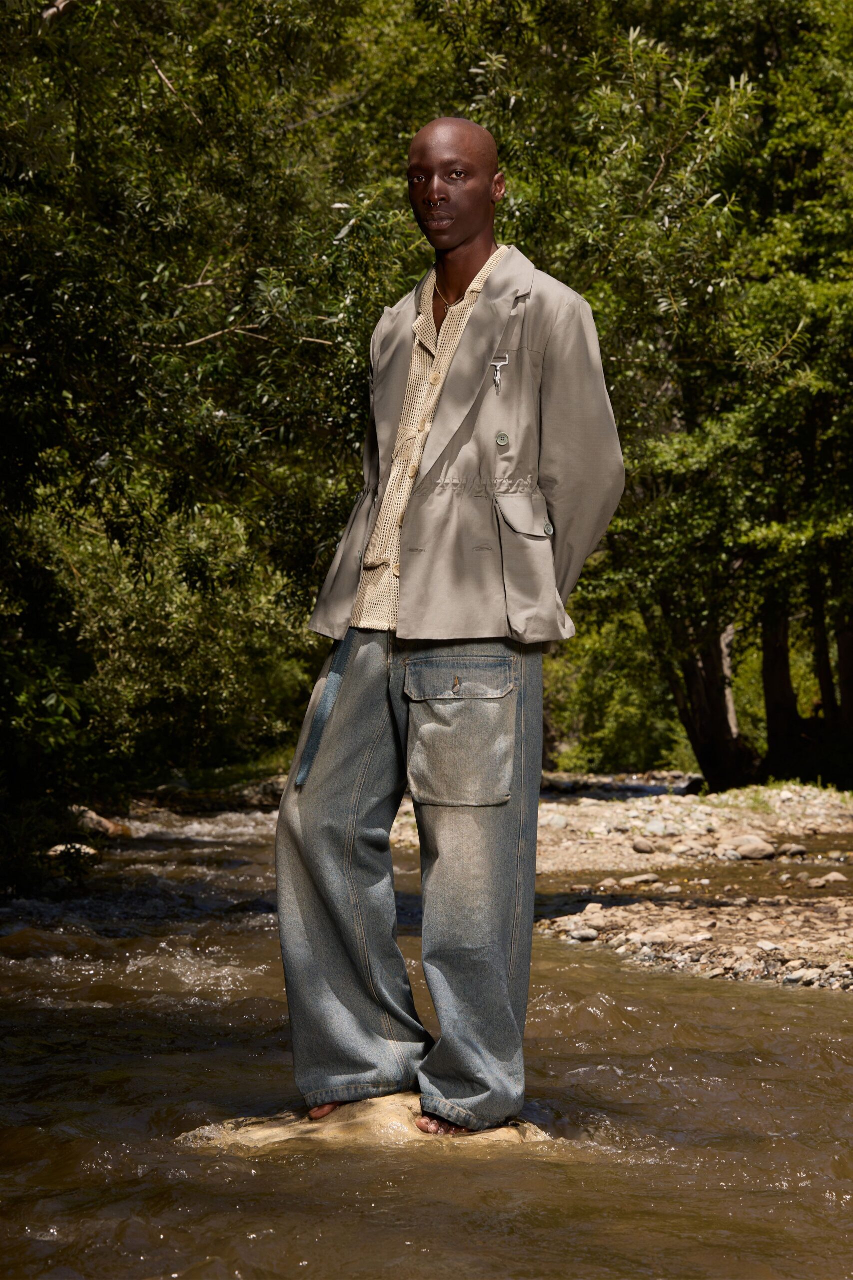 blue denim relaxed cargo pants