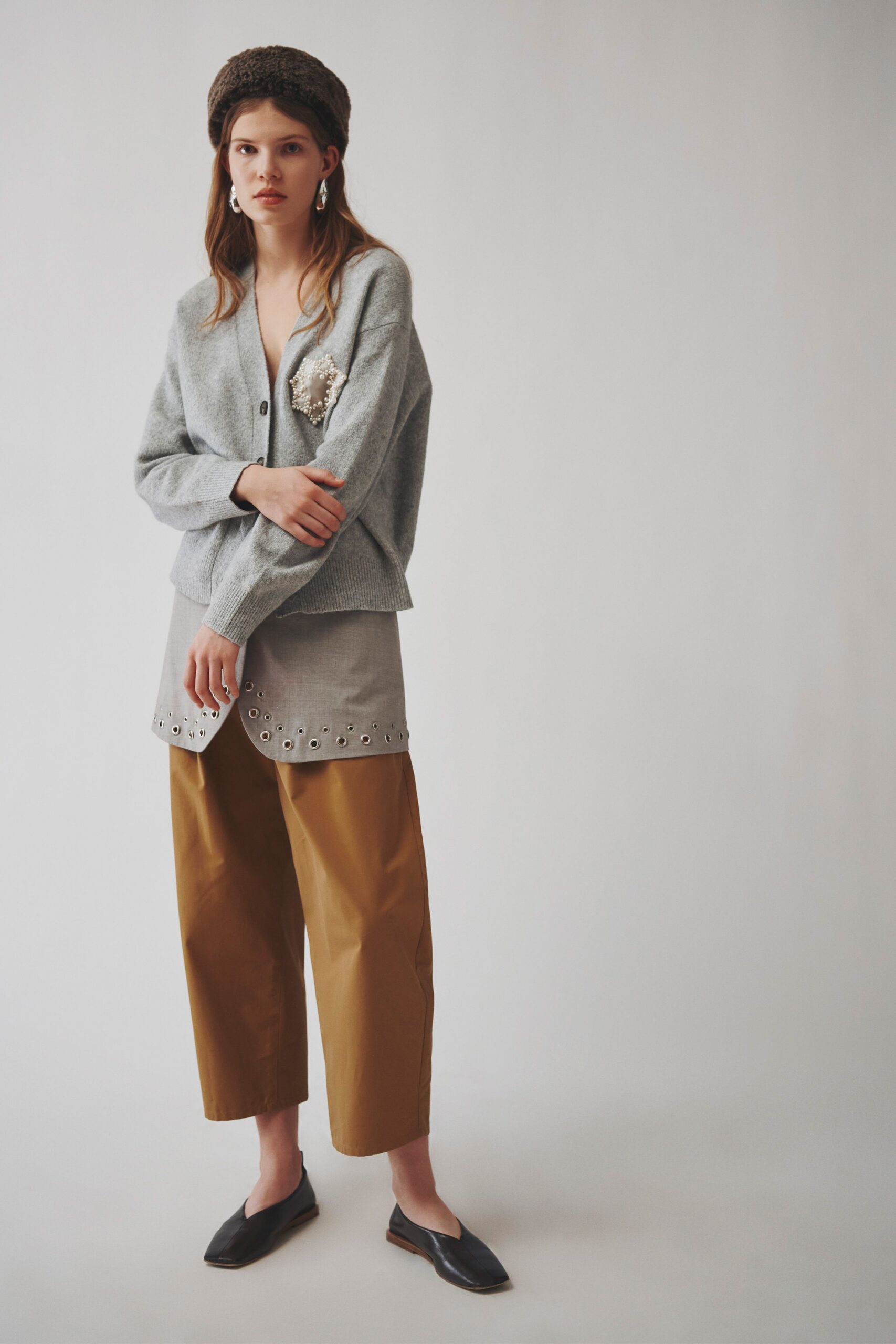 gray wool long-sleeve collared relaxed layered cardigan